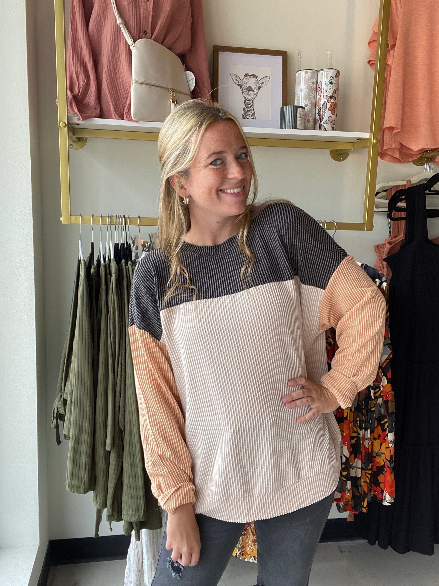 Charcoal and Peach Ribbed Longsleeve