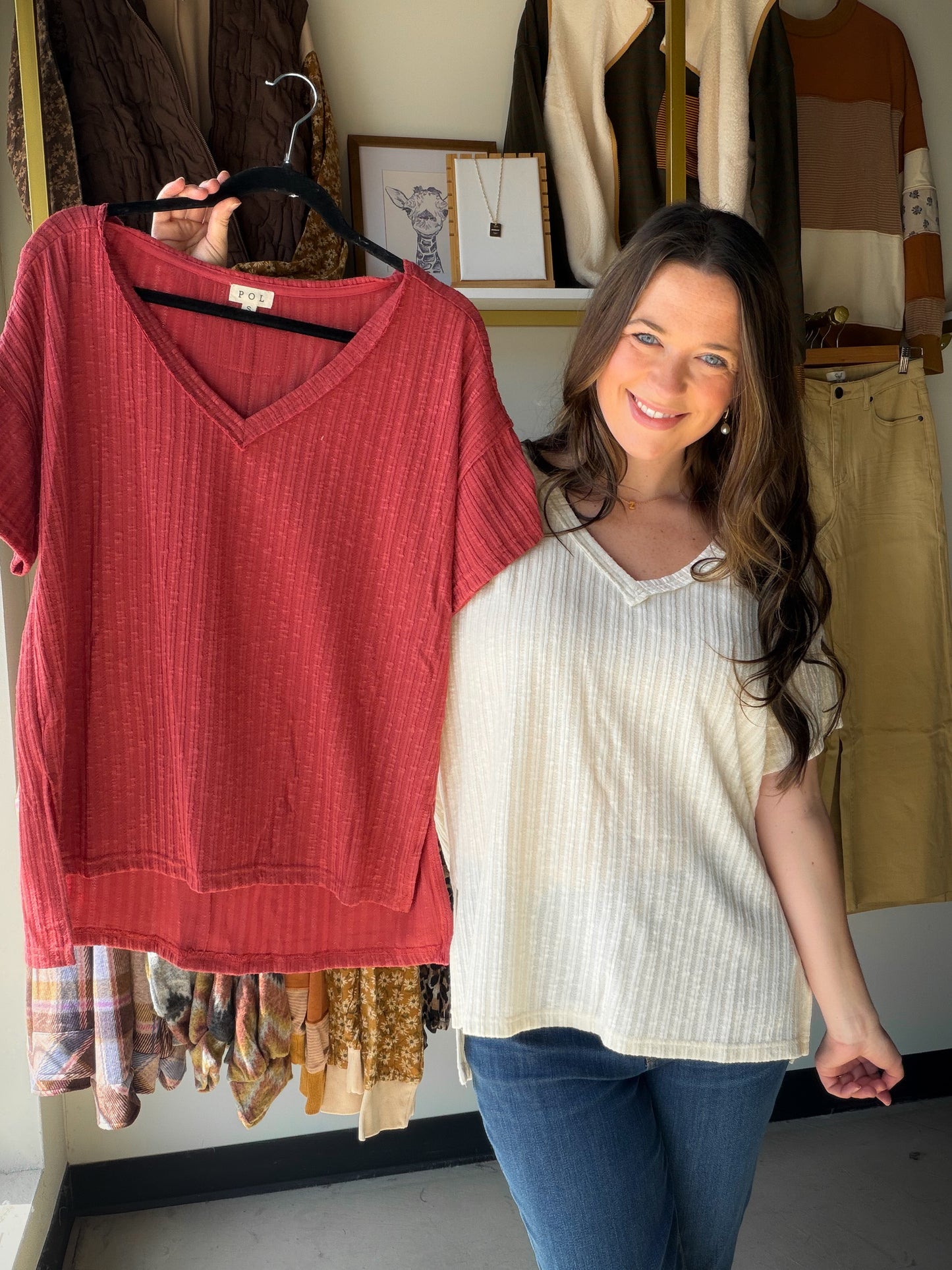 Terracotta Ribbed V Neck Tee