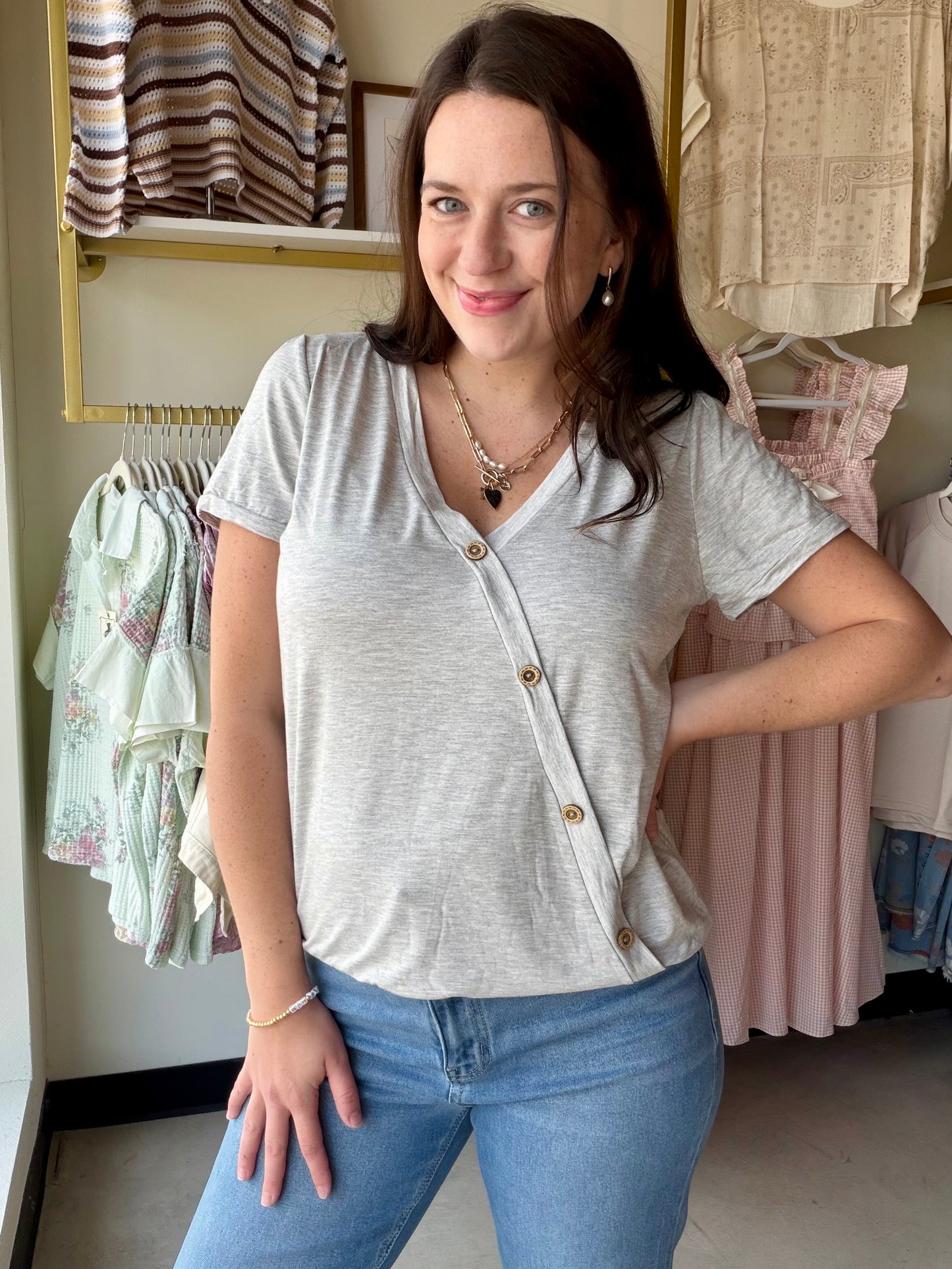 Heather Grey Short Sleeve W/ Buttons