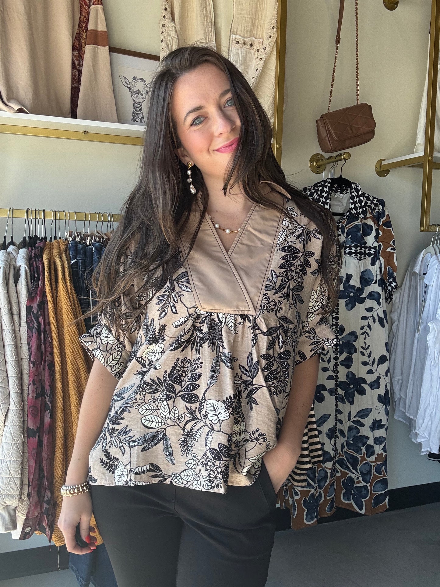 Taupe Foliage Motif Blouse
