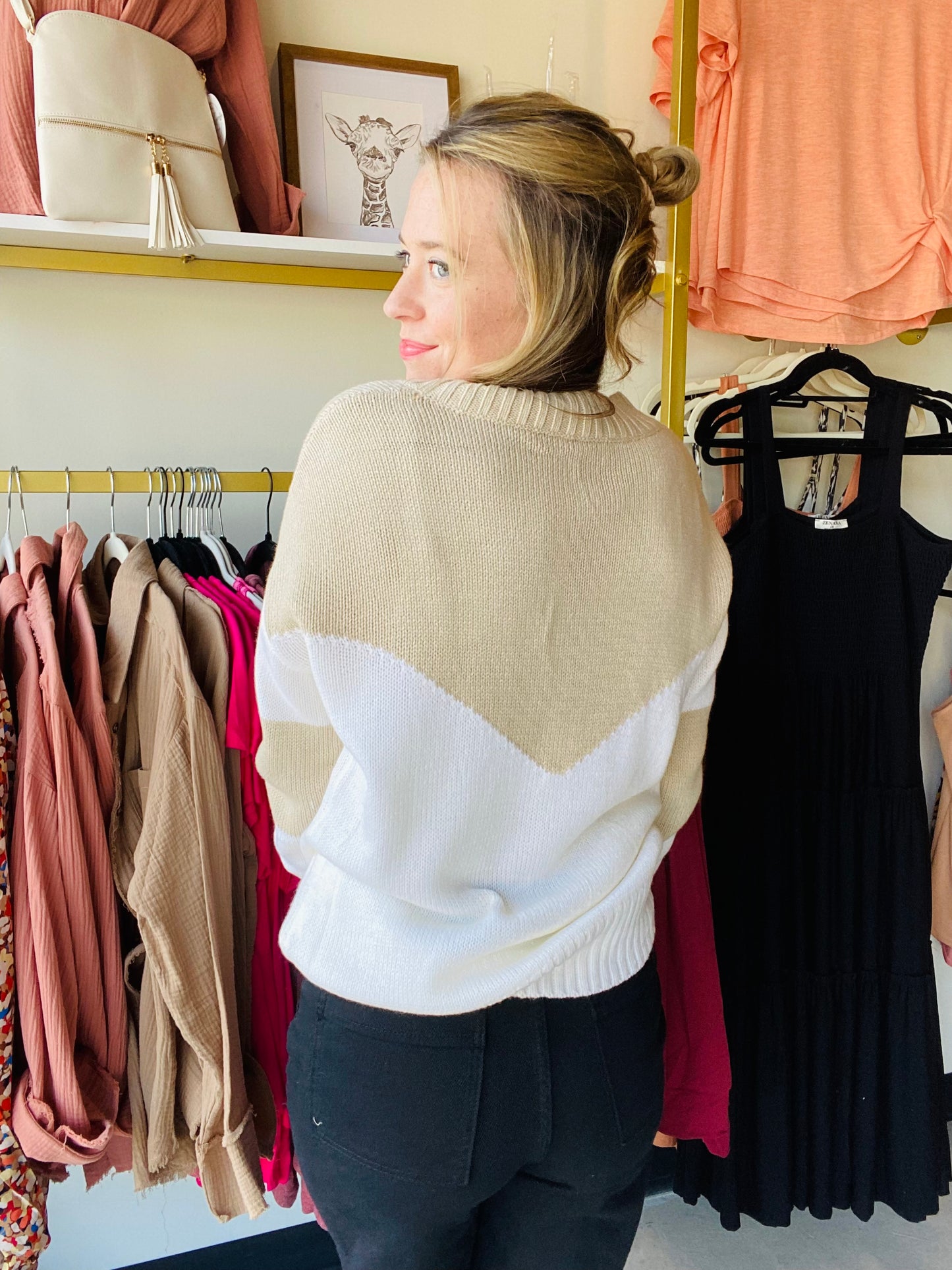 Khaki V Neck Block Sweater