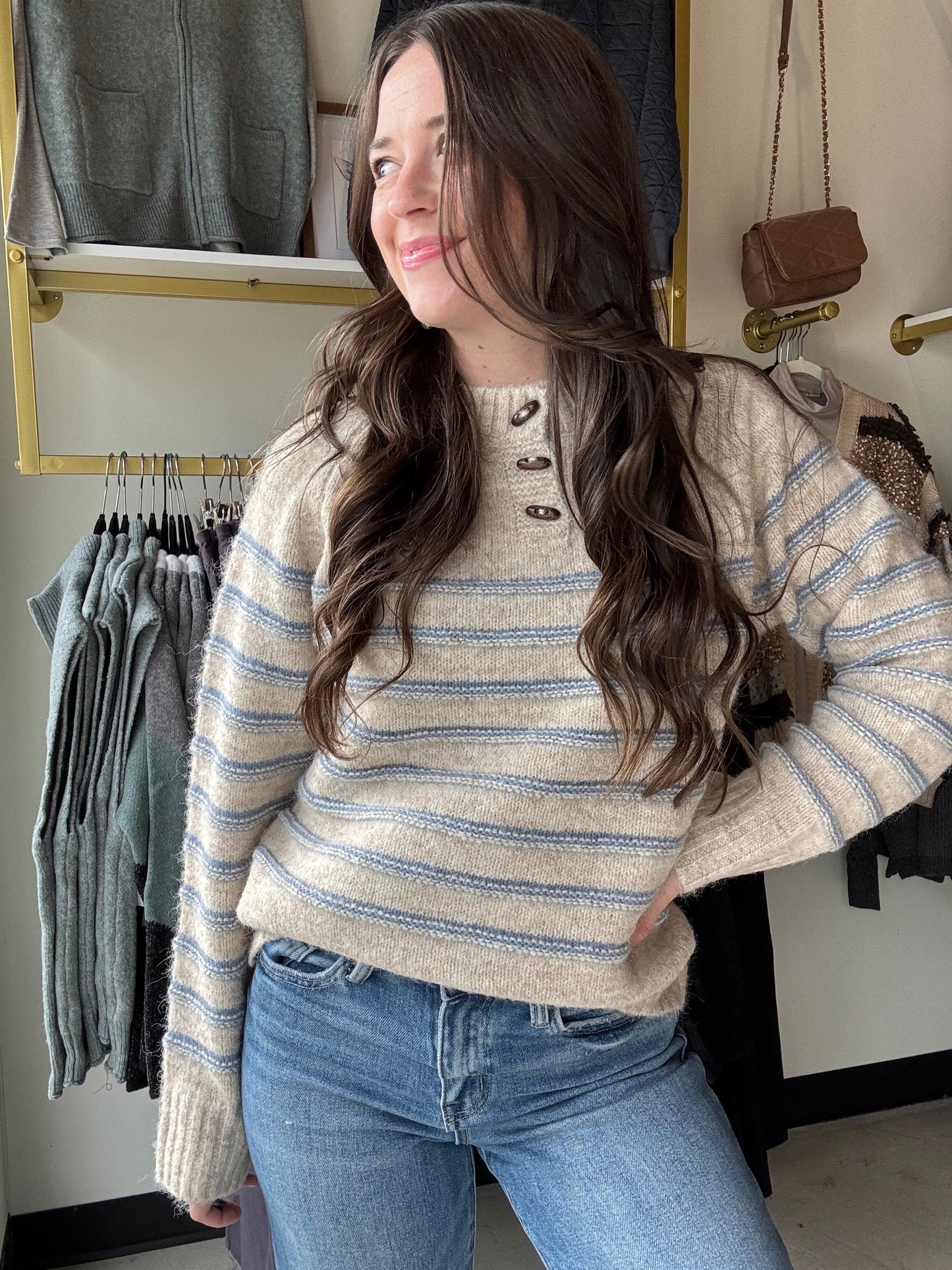Oatmeal & Blue Pin-Tuck Sweater
