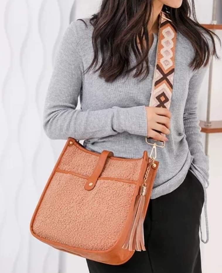 Faux Leather and Sherpa Crossbody- Camel