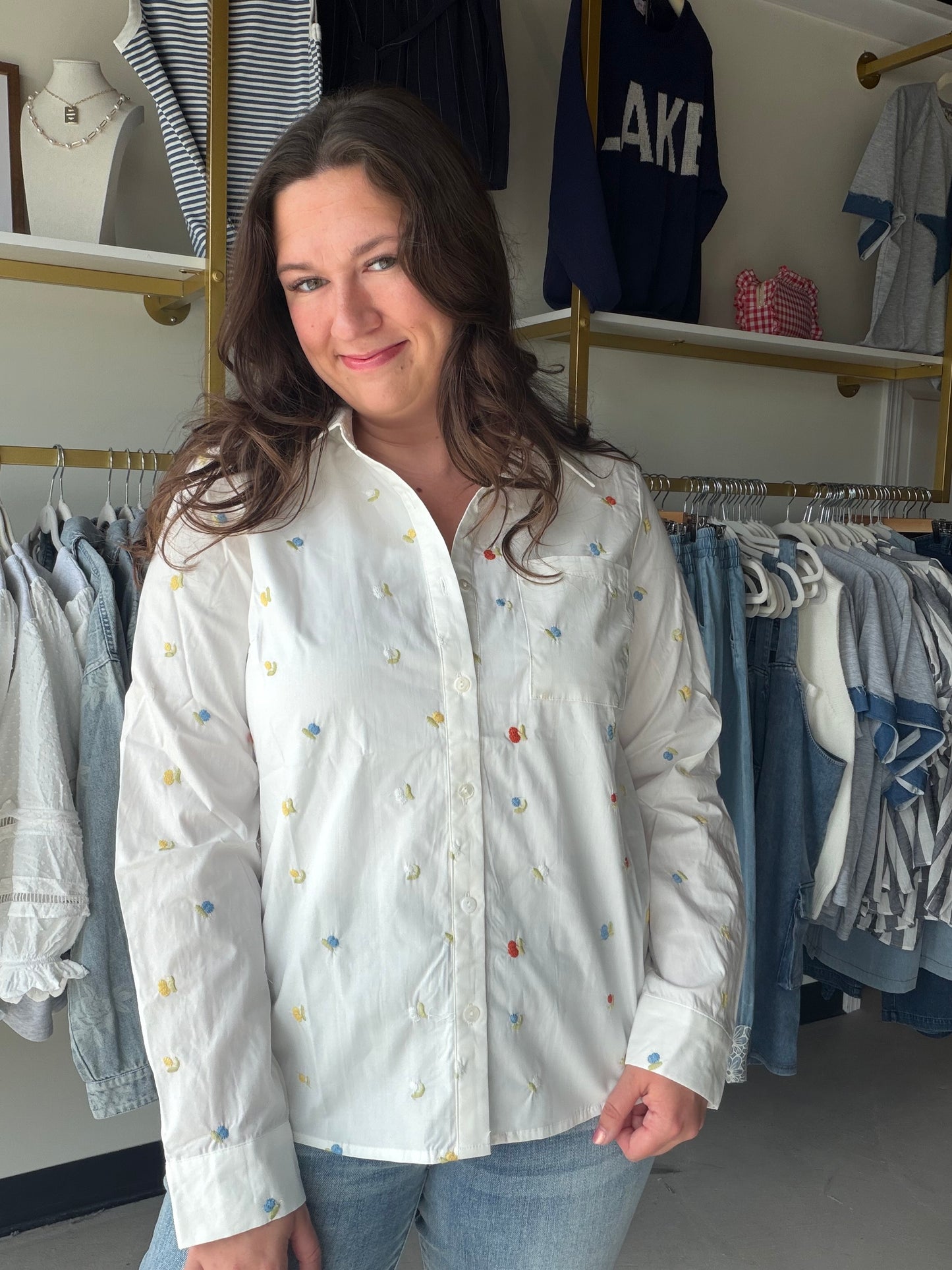 Floral Embroidered Button Up