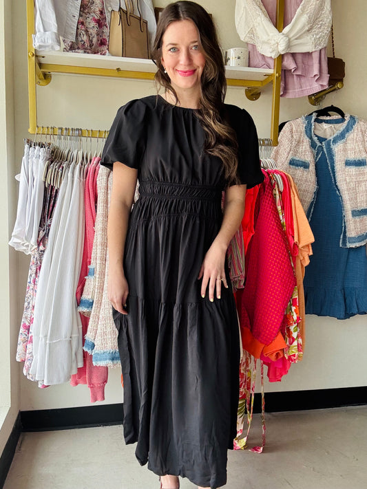 Black Puff Sleeve Pleated Dress