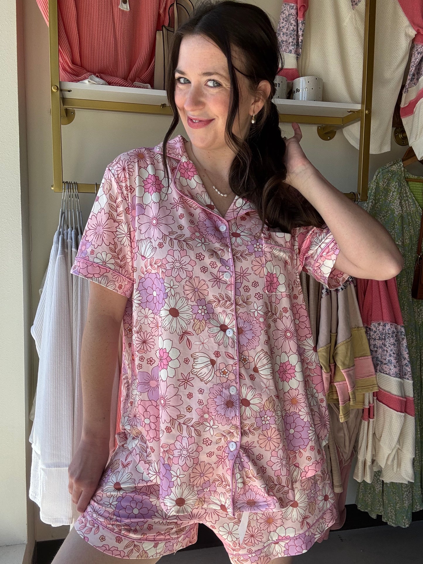 Pink Boho Button Up PJ Set