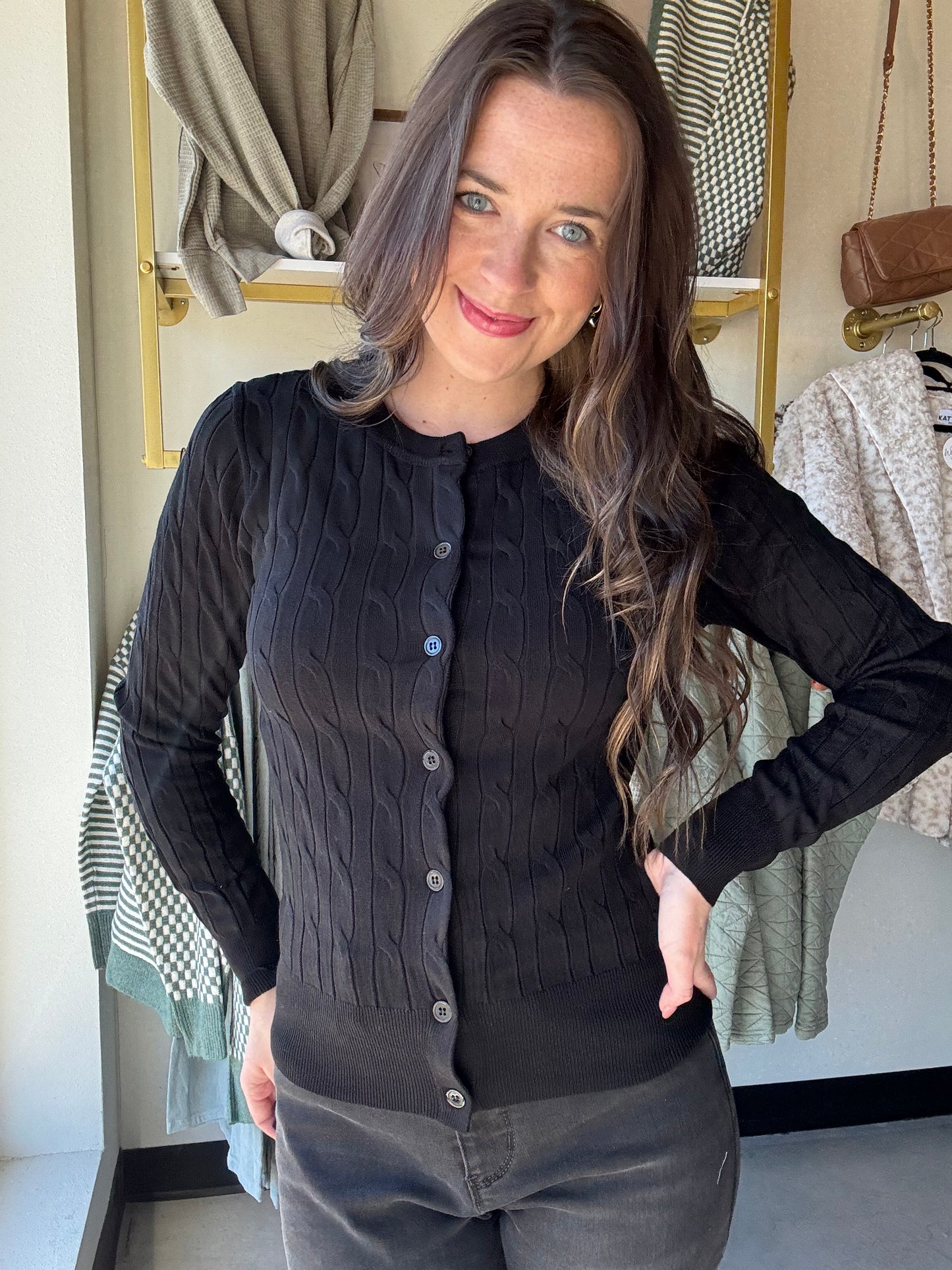 Black Button Up Cable Knit Cardigan