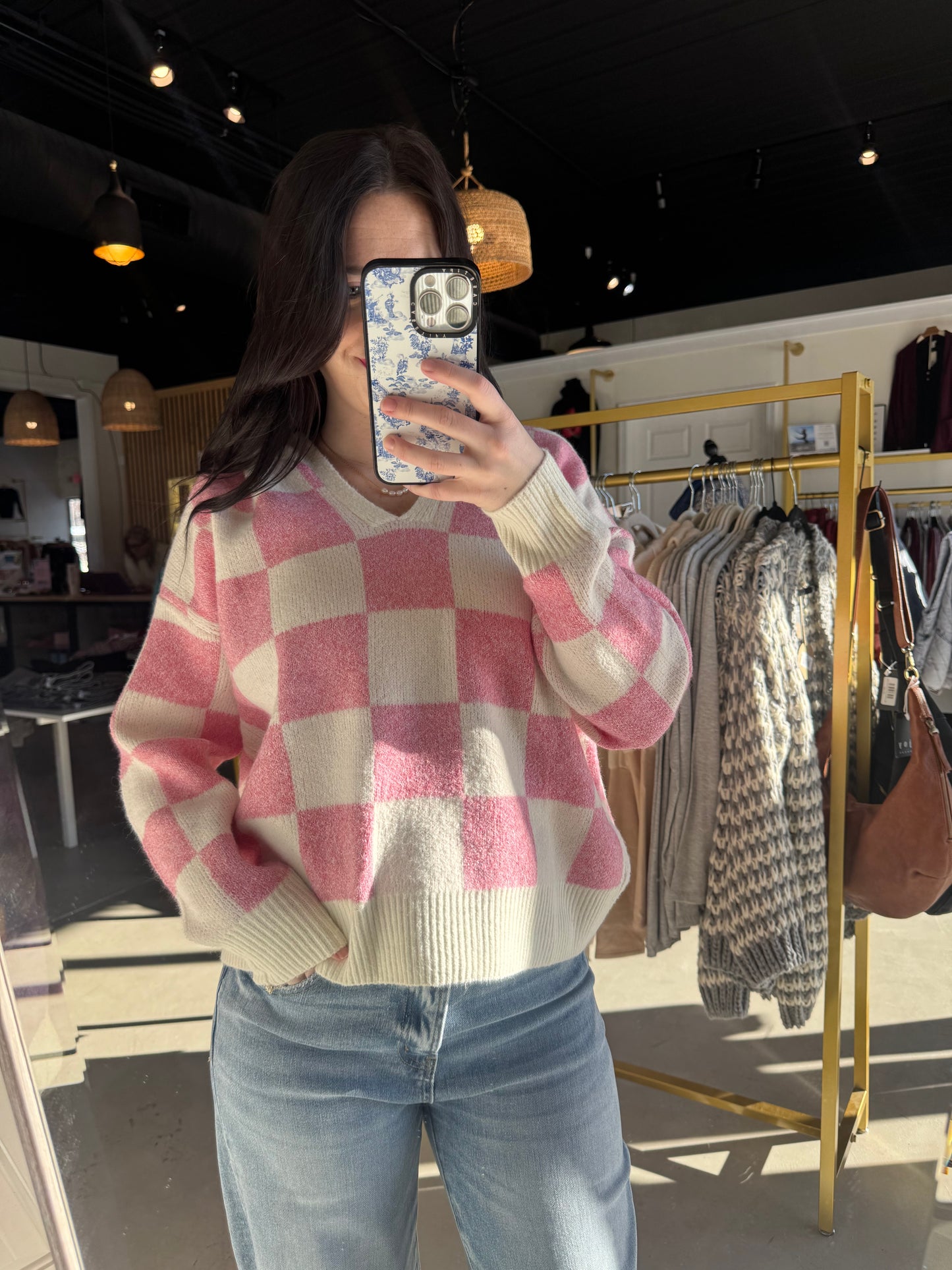 Pink & White Checkered Hoodie