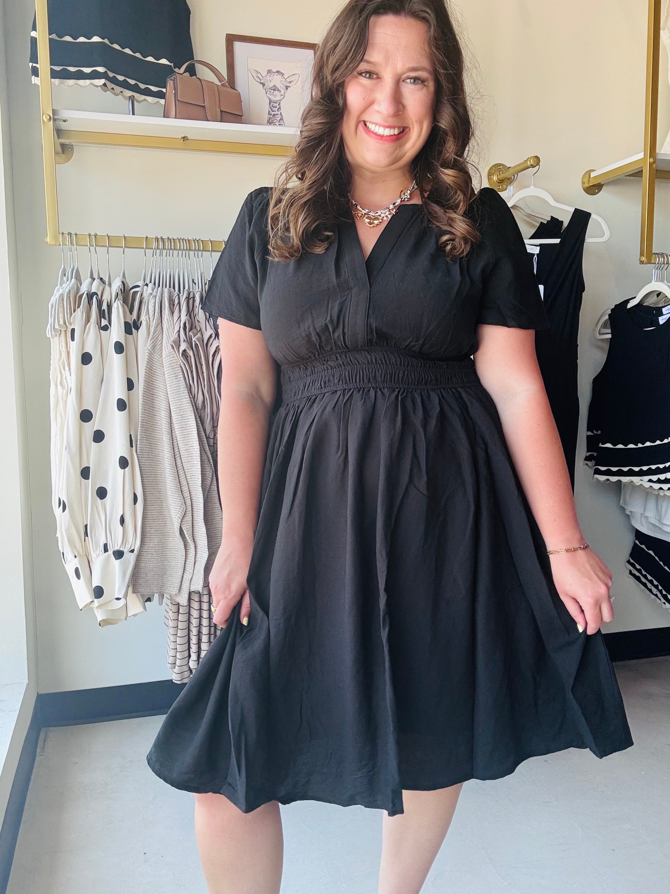Black Cinched Waist Midi Dress – White Giraffe Boutique