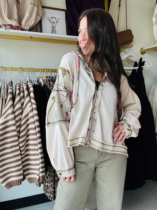 Almond Mixed Fabric Zip Up