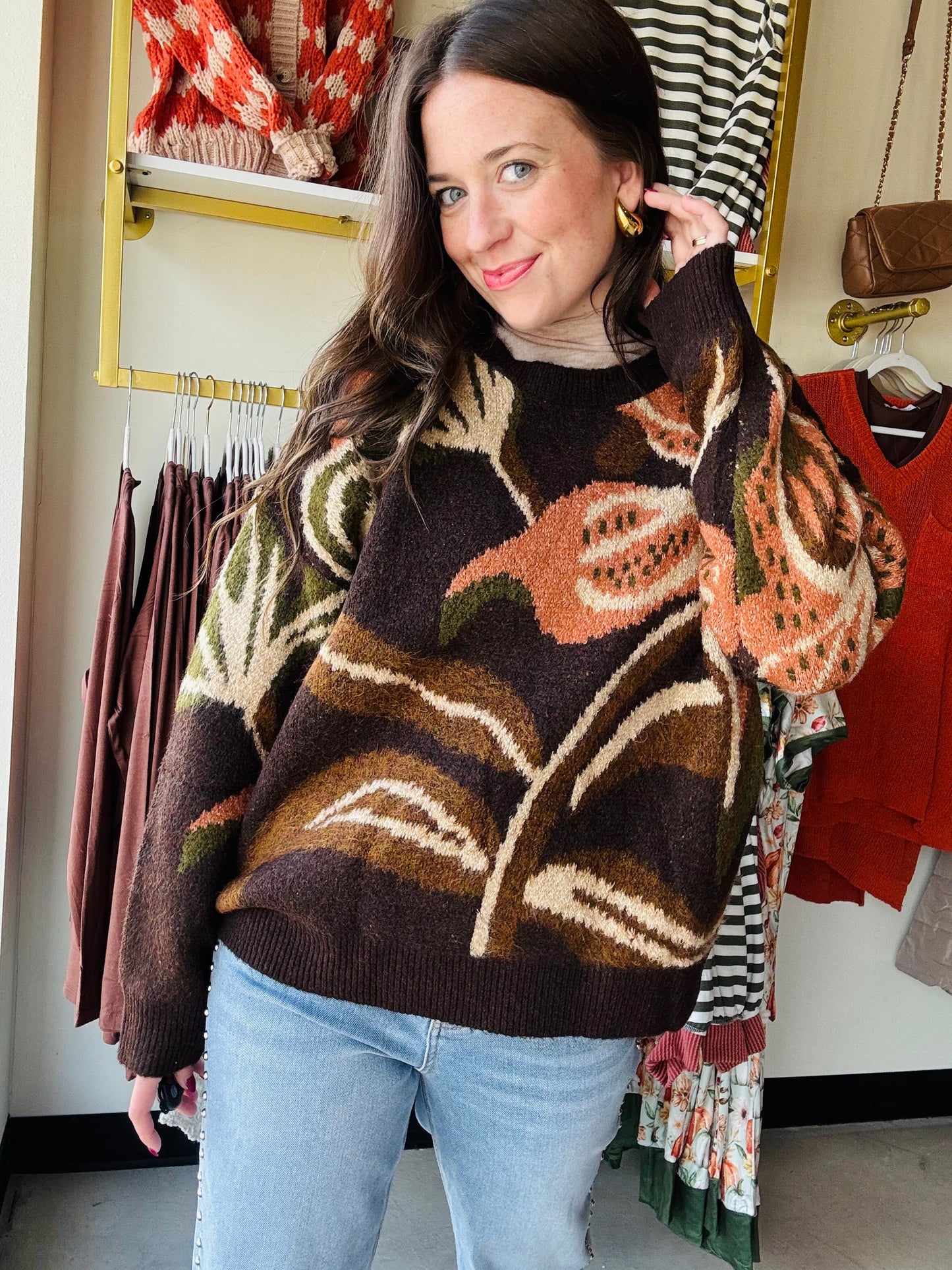 Mocha Shimmer Flower Sweater
