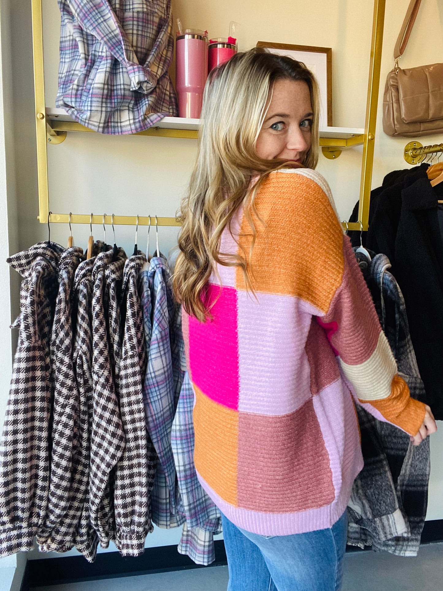 Fuchsia Block Mock Neck Sweater
