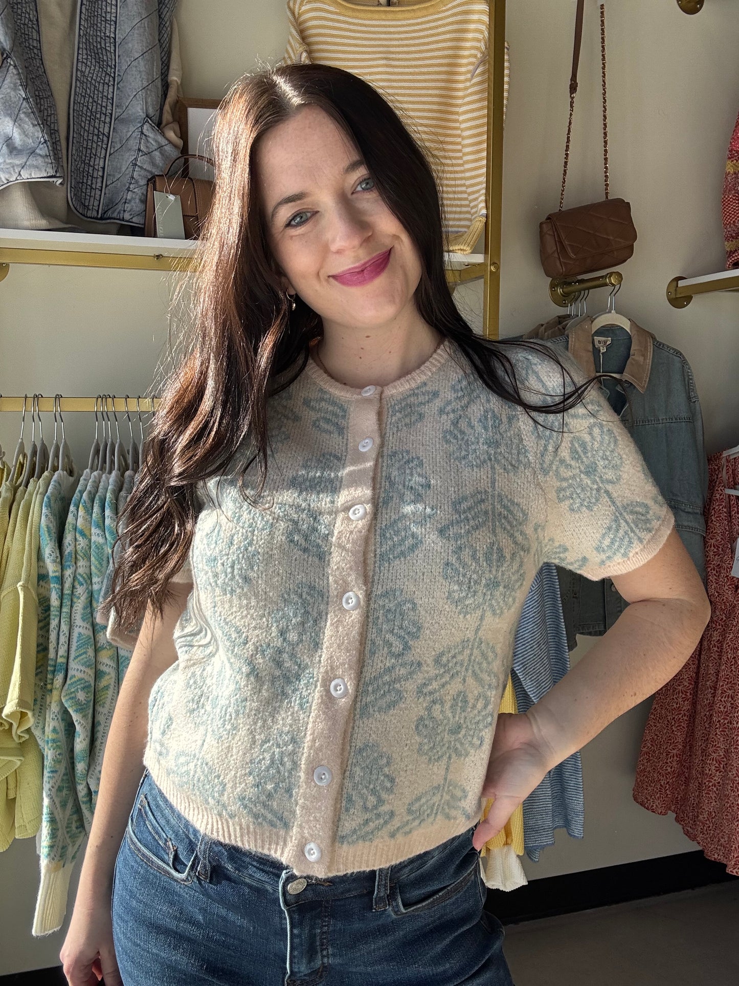 Retro Blue Floral Knit Cardigan