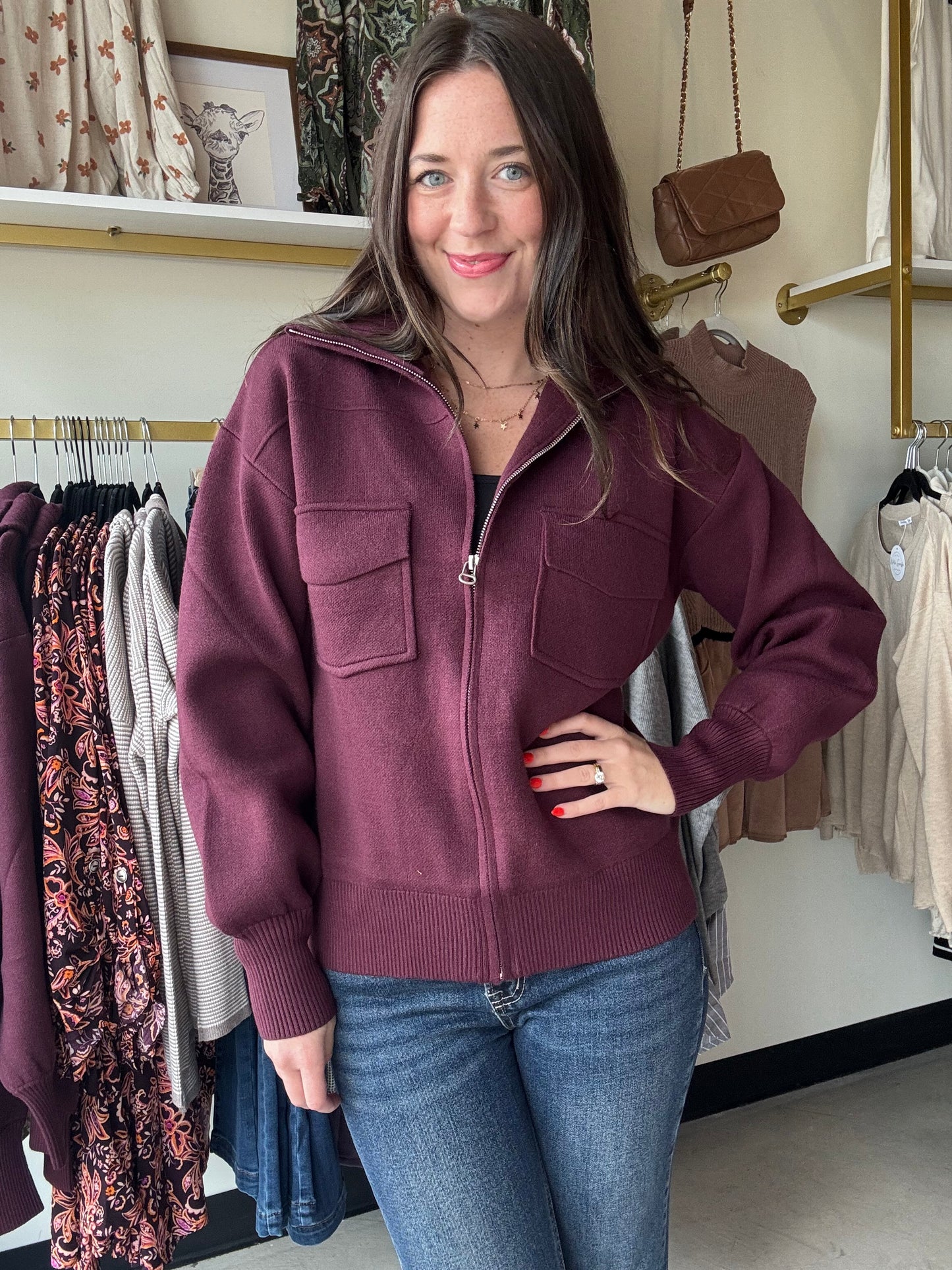 Plum Front Pocket Sweater Jacket