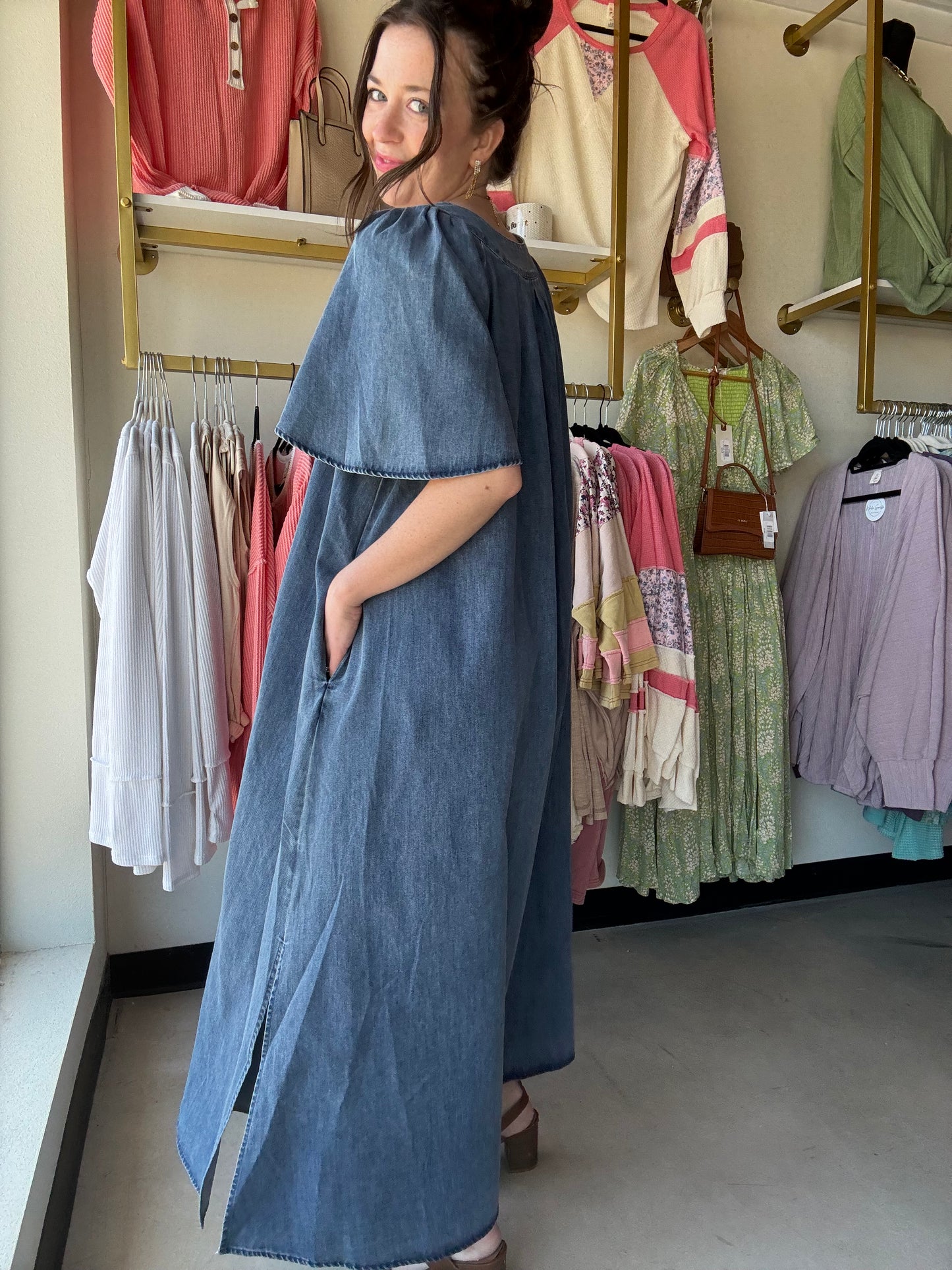 Dark Denim Wing Sleeve Dress