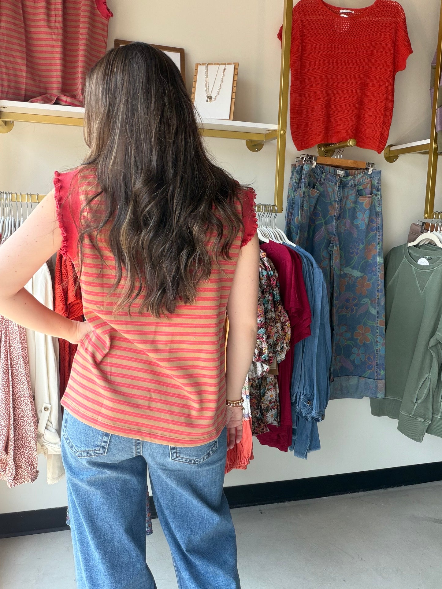 Rust Ruffle Knit Stripe Tank