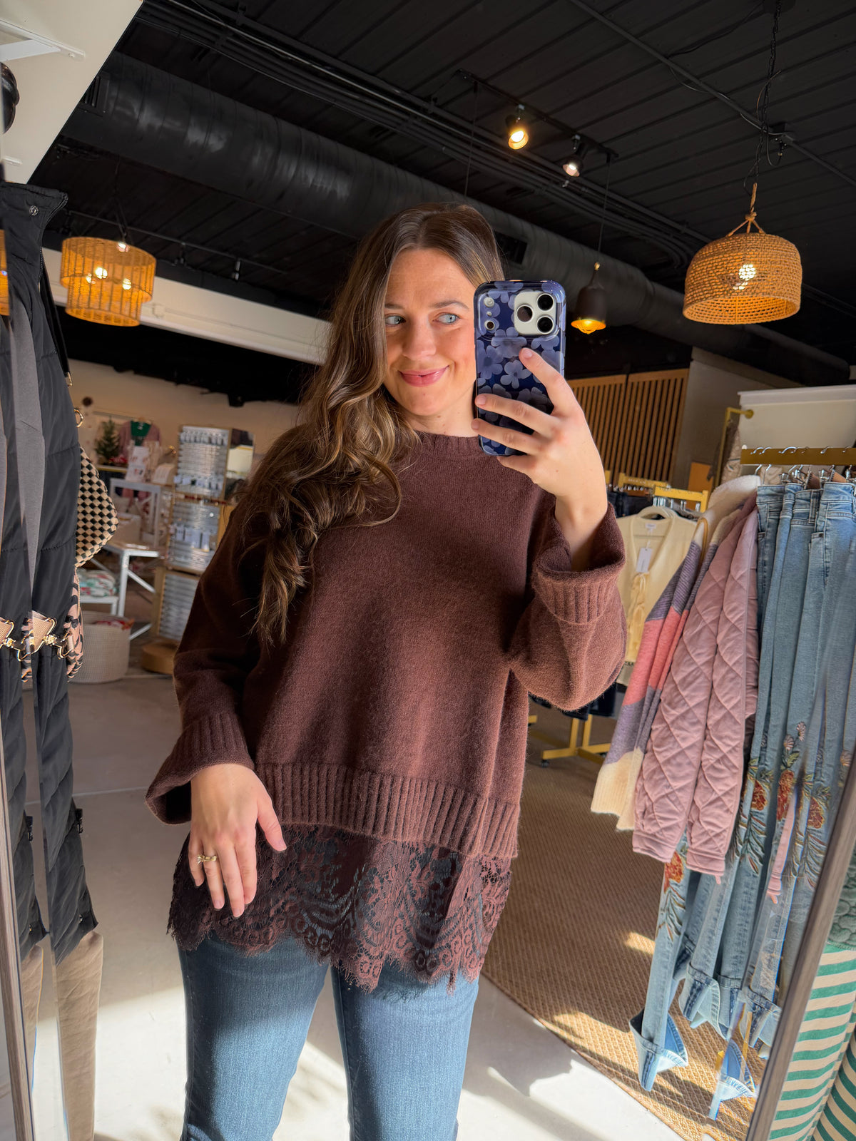 Chocolate Lace Trim Sweater