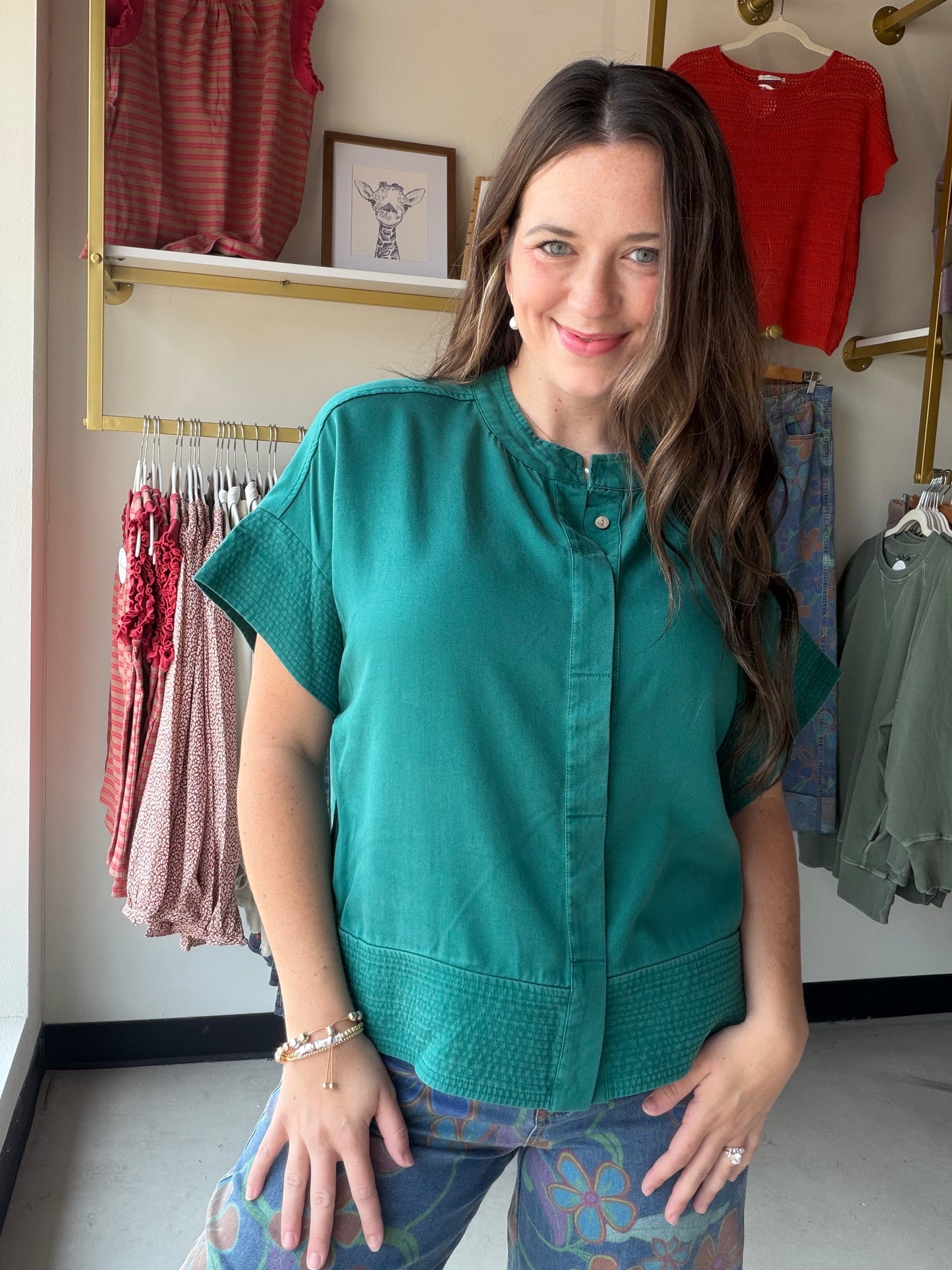 Spruce Button Trapunto Stitch Top