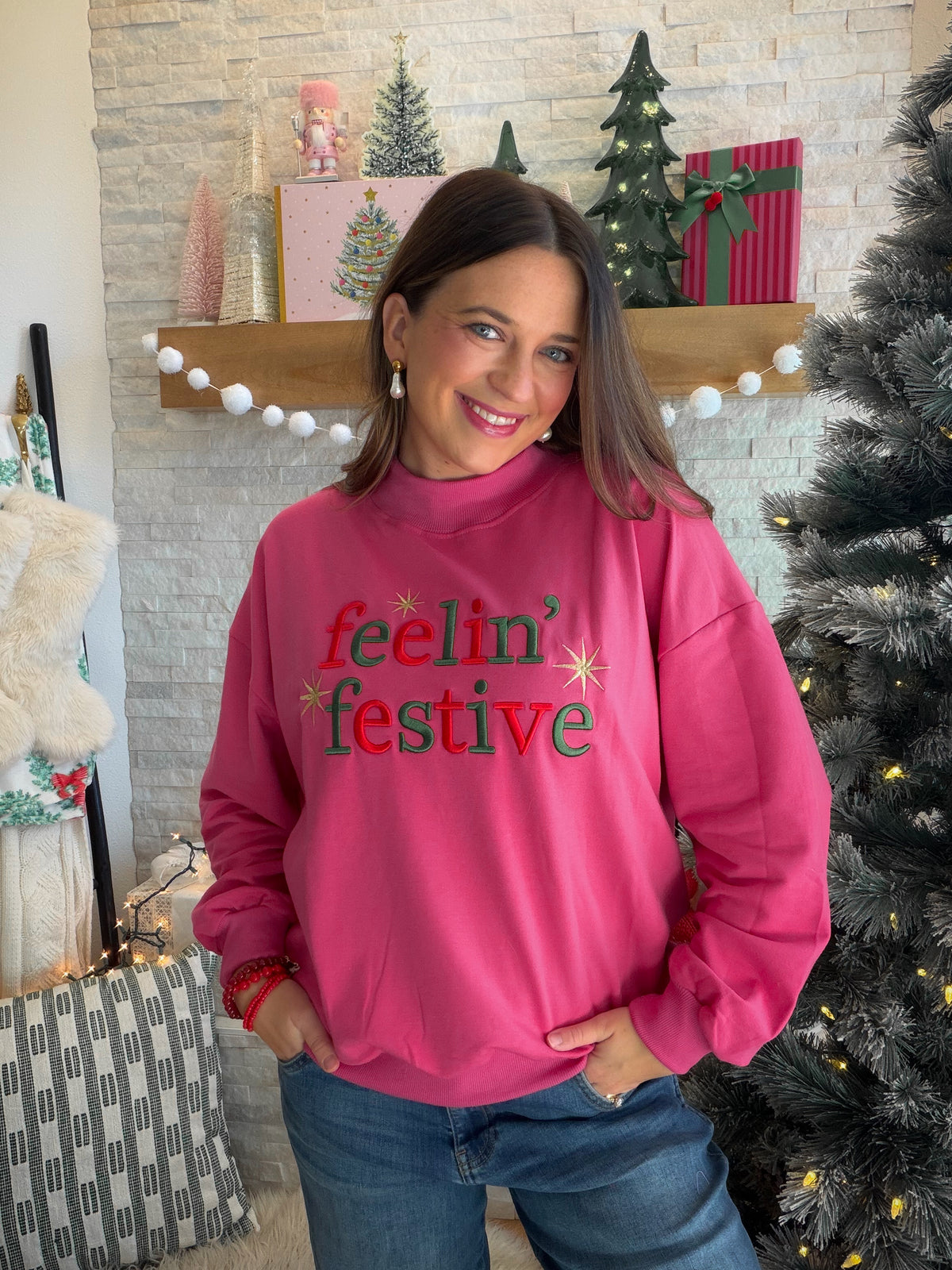 Feelin' Festive Hot Pink Mock Neck