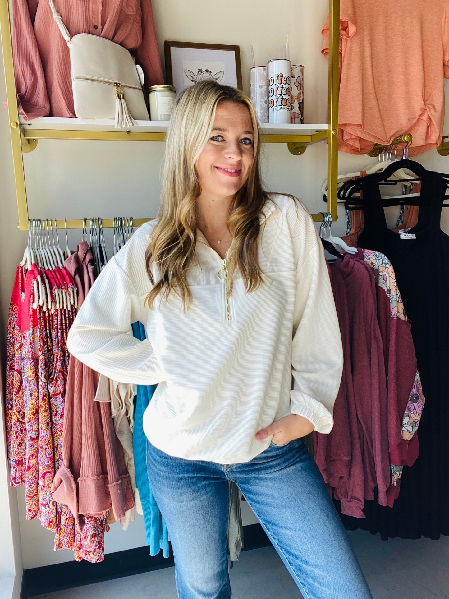 Levi Ivory Ribbed Quarter Zip