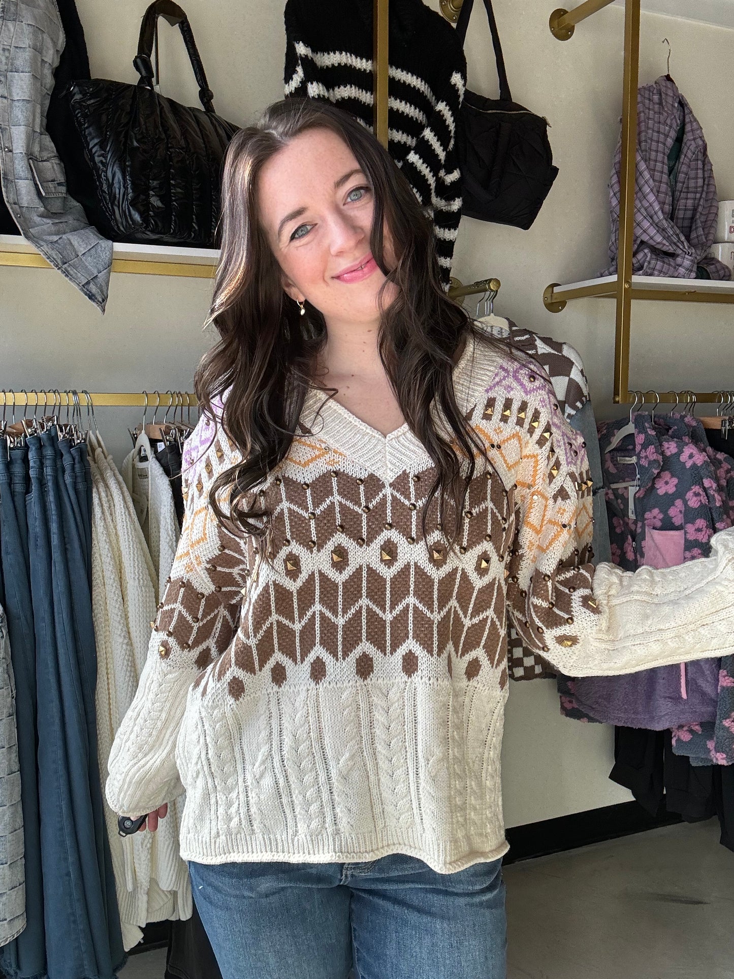 Cable Knit Accent Stud Sweater