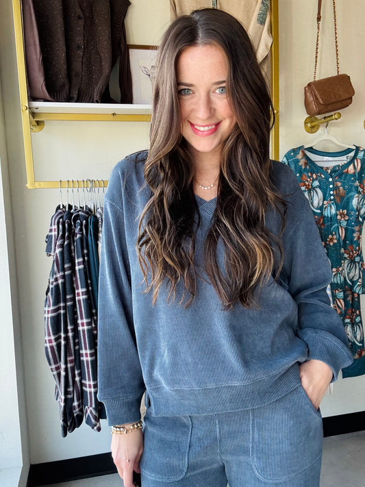 Denim V Neck Corduroy Top