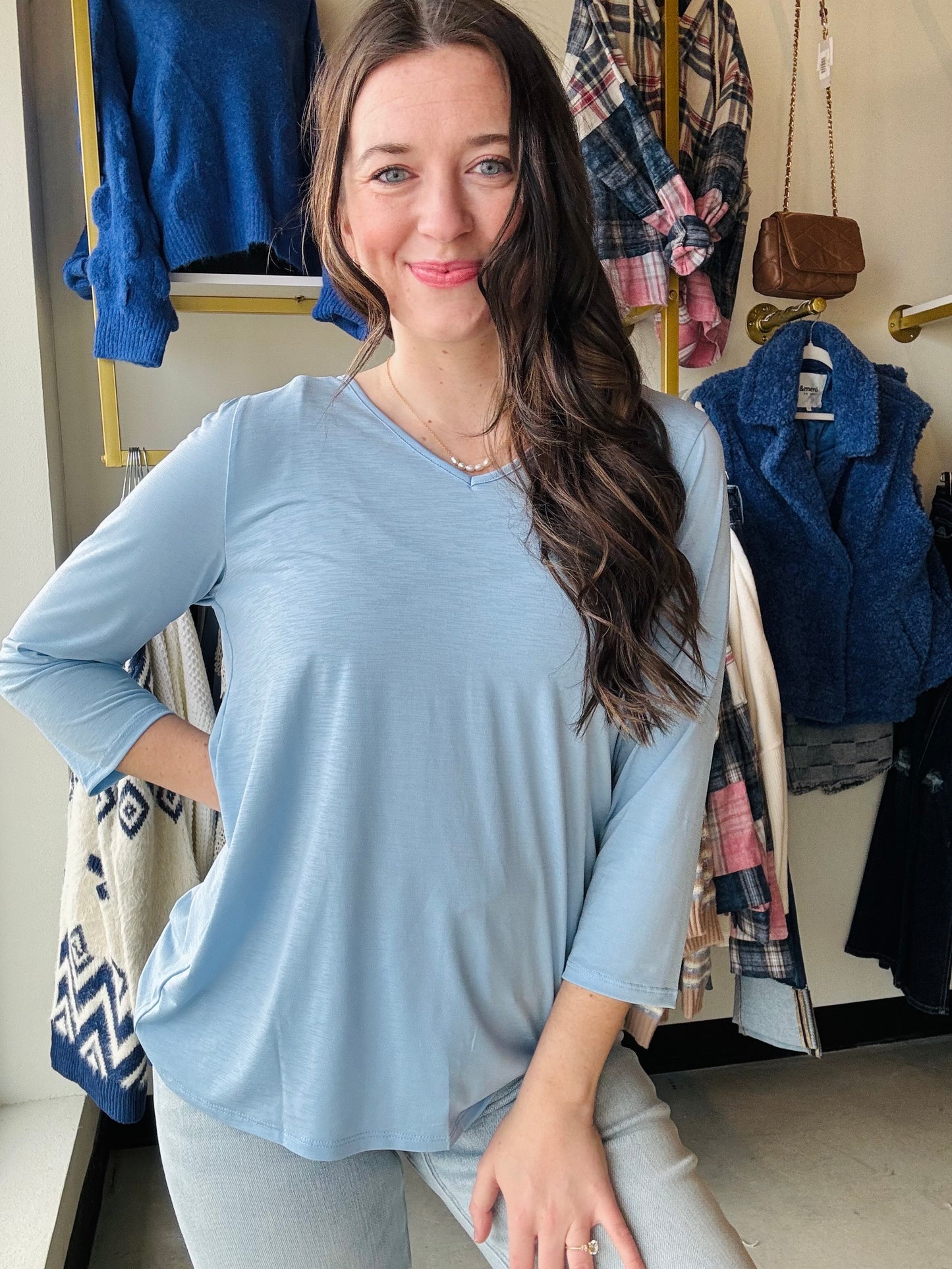 Dear Scarlett
Our signature classic v-neck poly bled top with 3/4" sleeve is a basic wrinkle-free top you want in your closet! Stretchy, non sheer, relaxed.