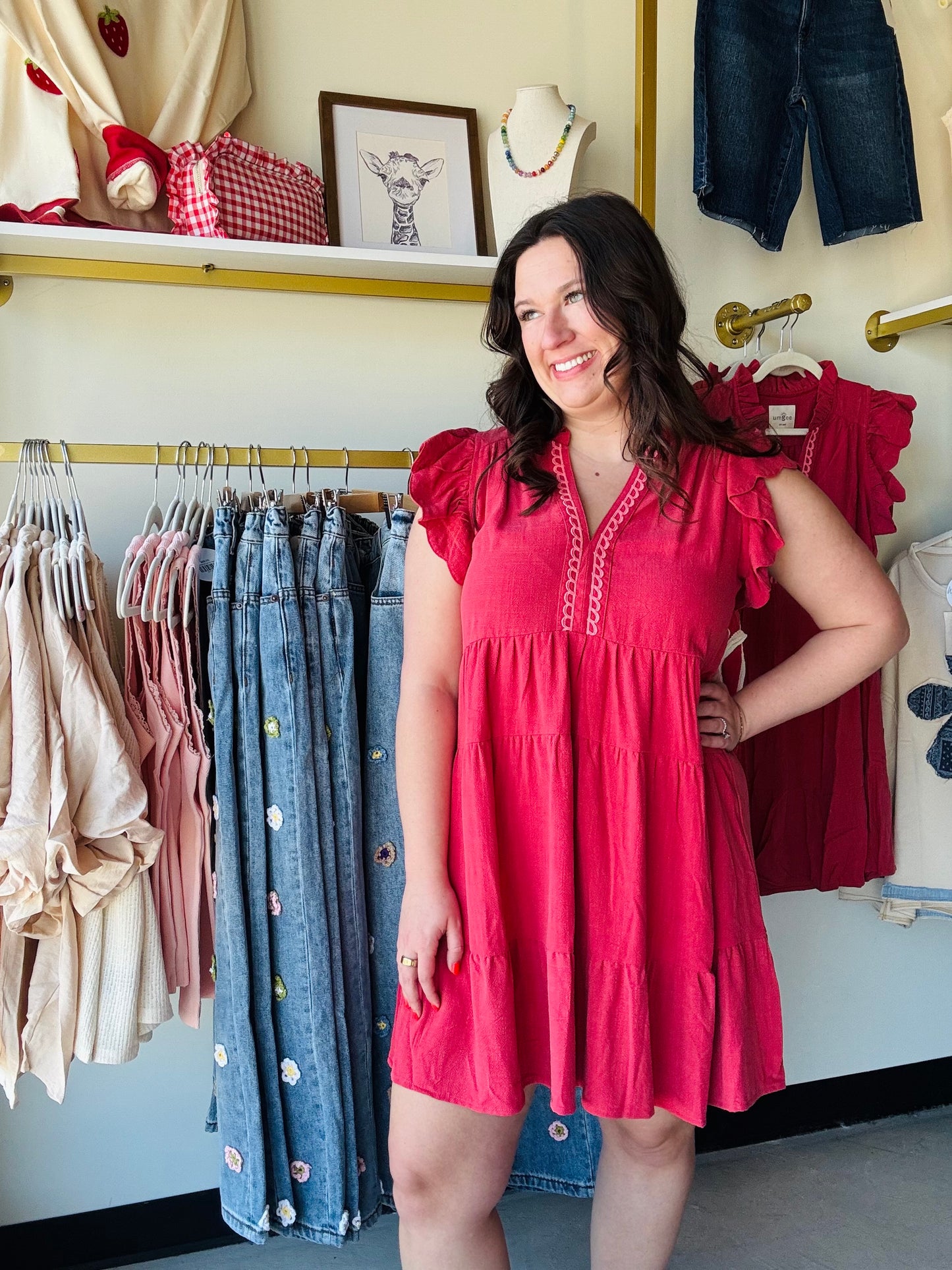 Raspberry Scalloped Linen Tiered Dress