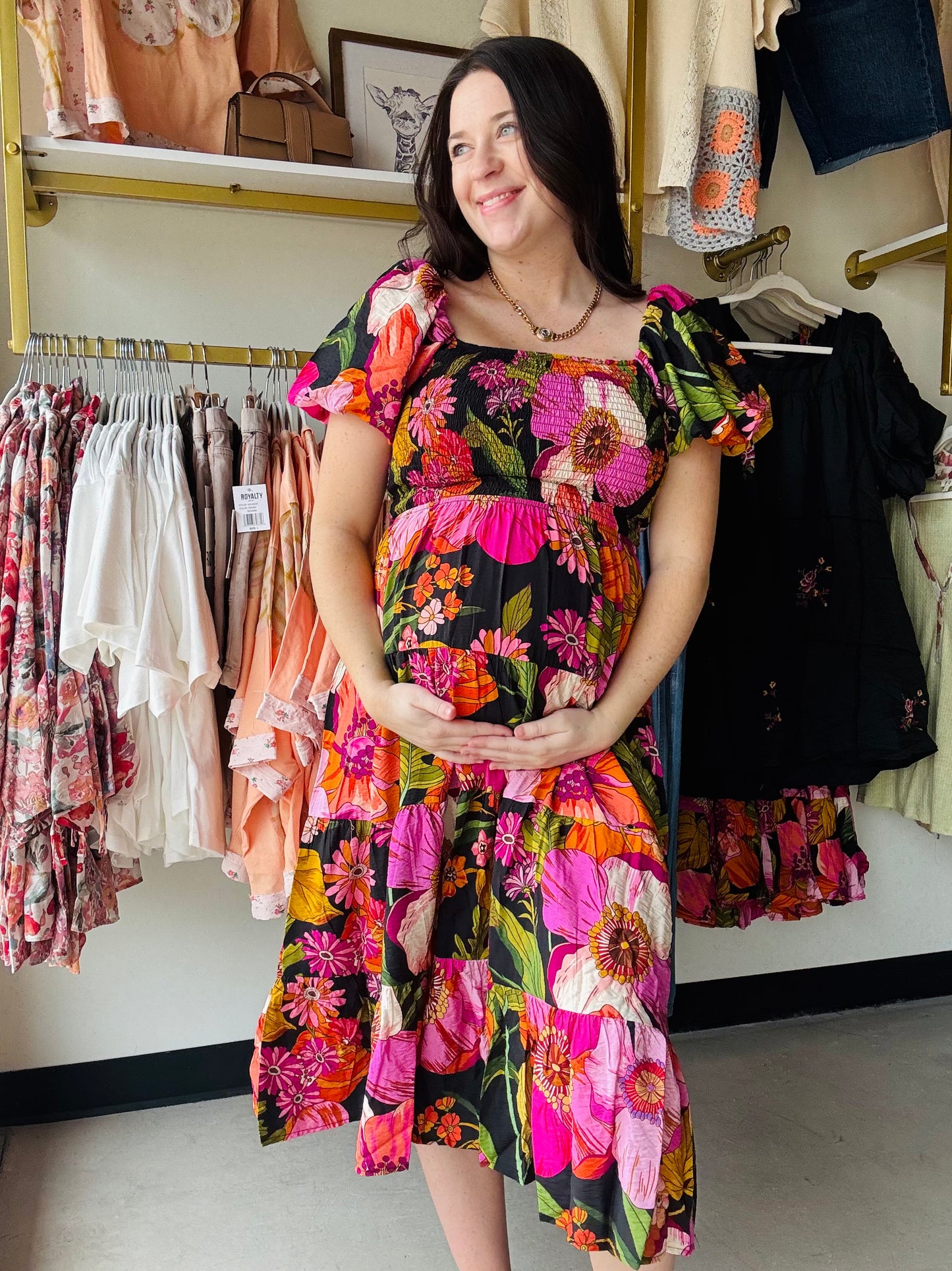 Midnight Bloom Smocked Midi Dress