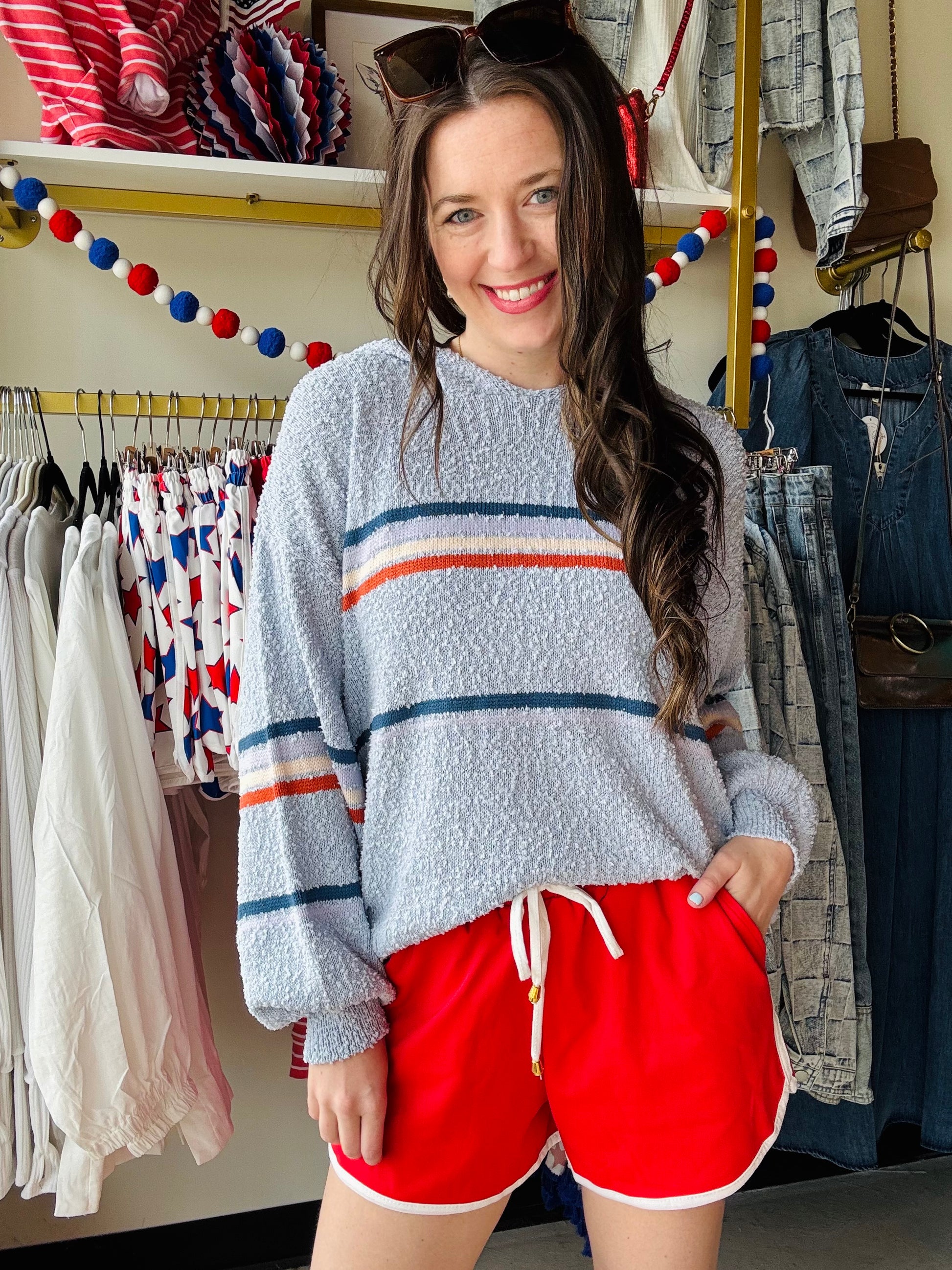 Red, white and blue striped summer sweater with red relaxing shorts perfect for the lake or boat.