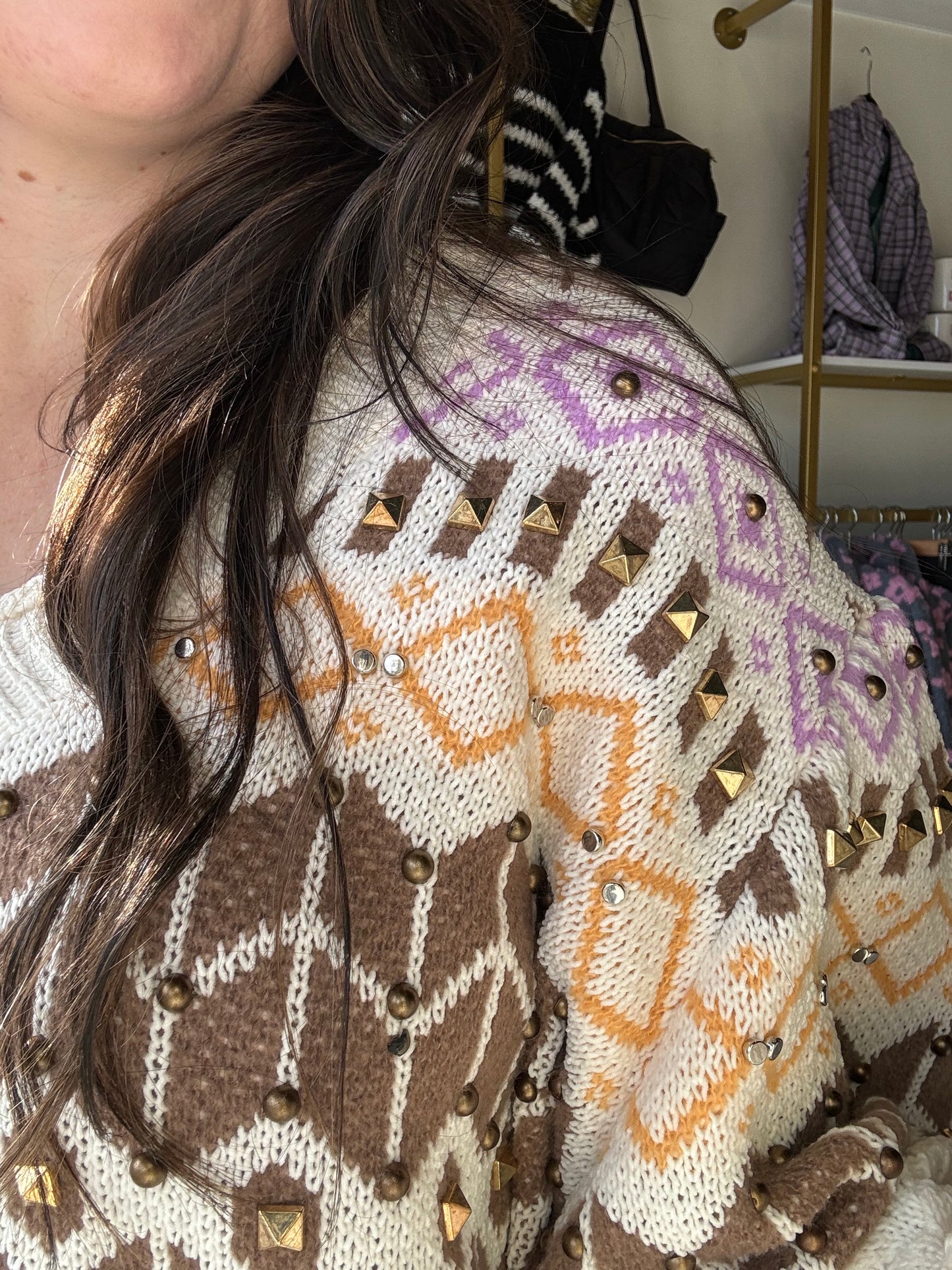 Cable Knit Accent Stud Sweater