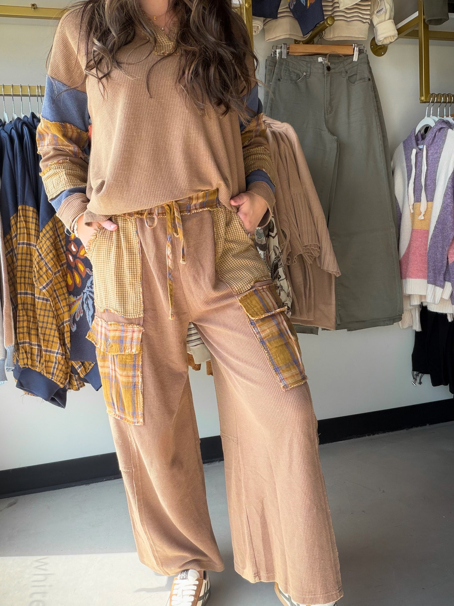 Camel Plaid Mix Thermal Pants