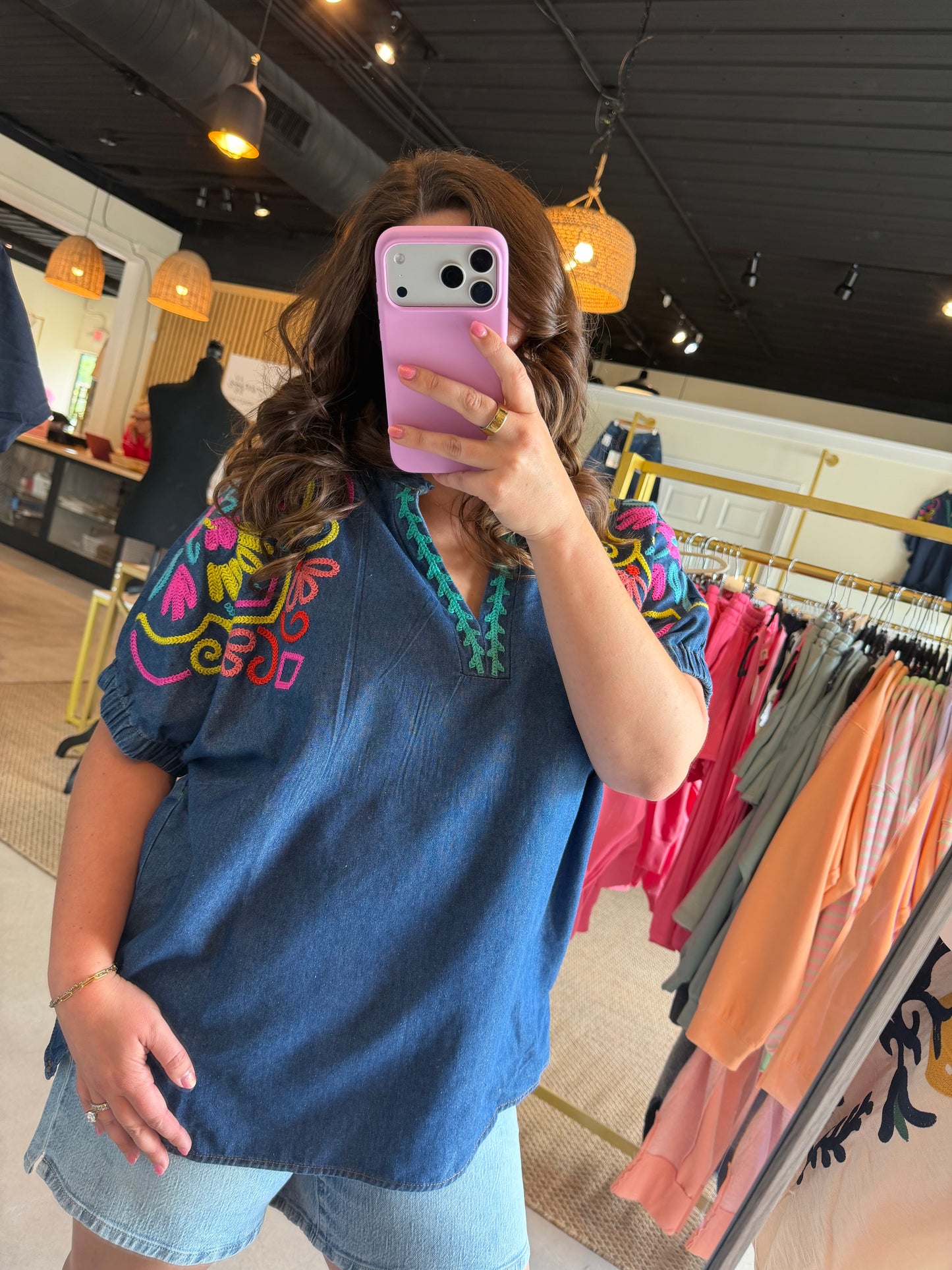 Chambray Vibrant Sleeve Dolman Top