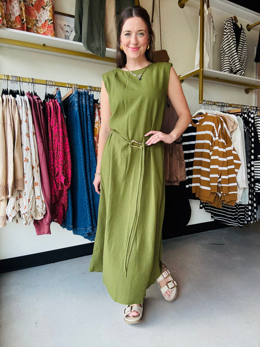 Gold Accent Belt Midi Dress