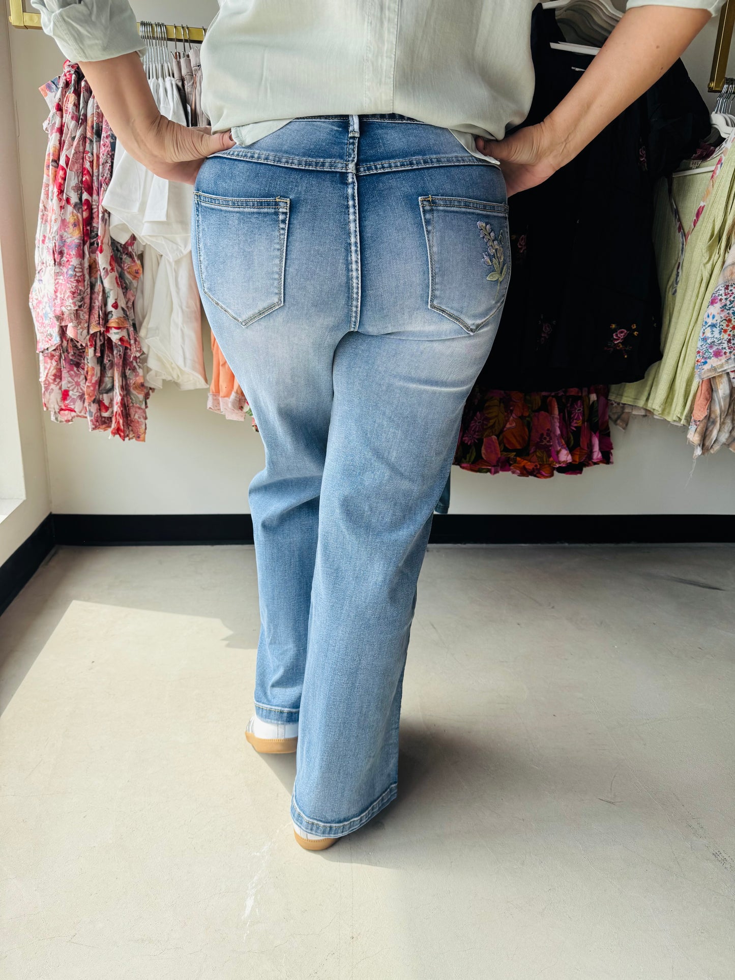 Floral Embroidered Darted Jeans