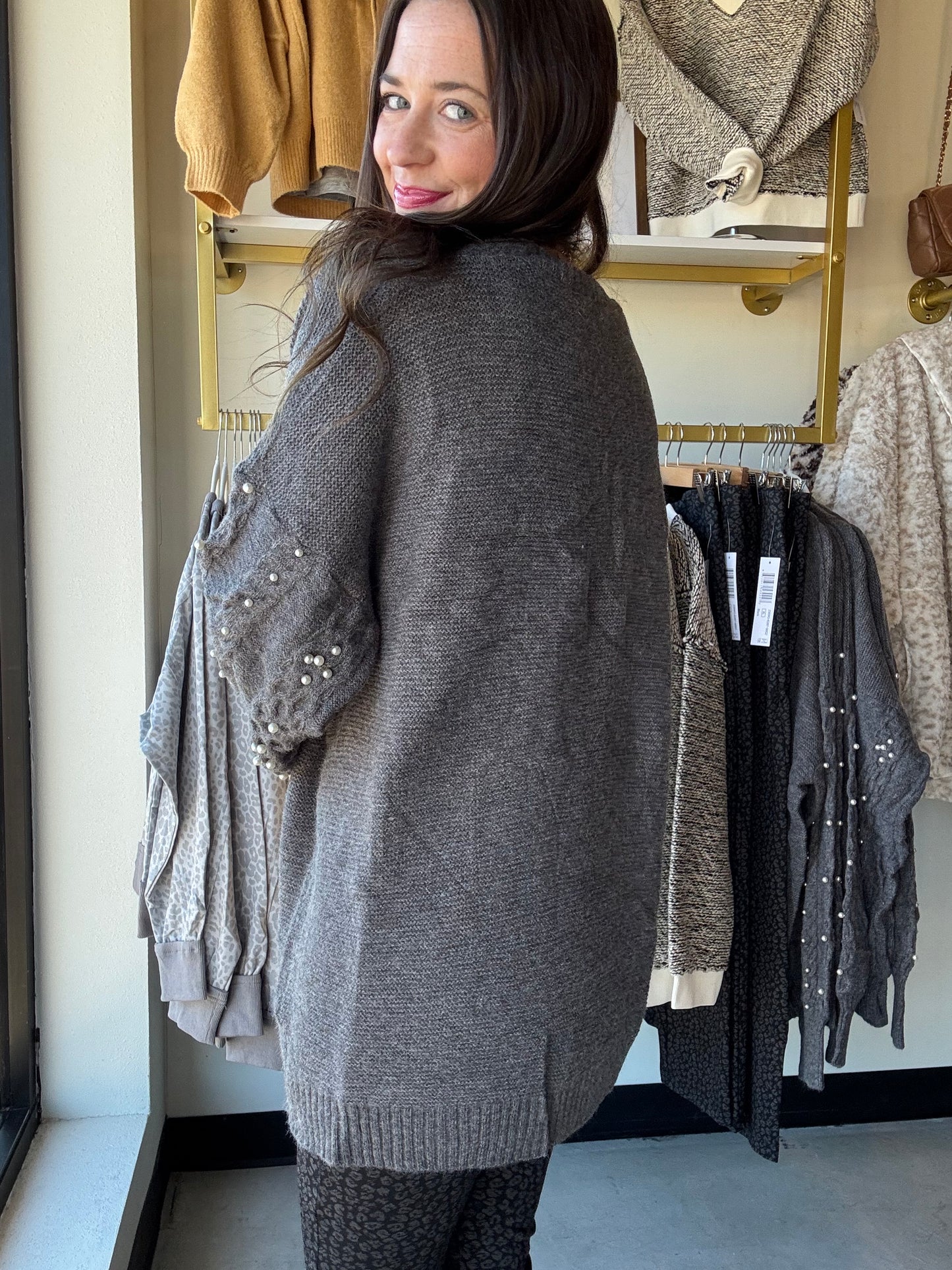 Charcoal Pearl Sleeve Cardigan