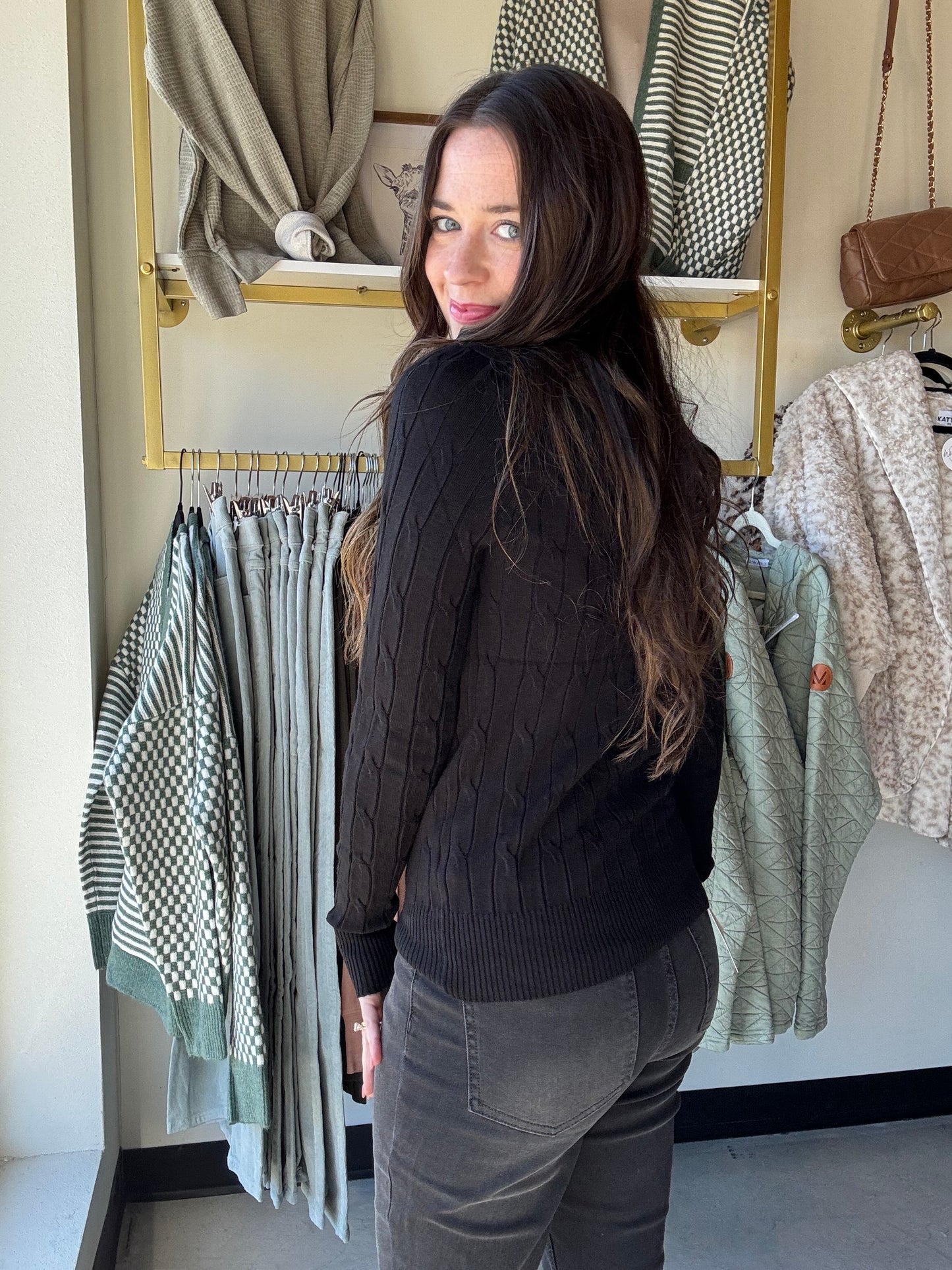 Black Cable Knit Crewneck