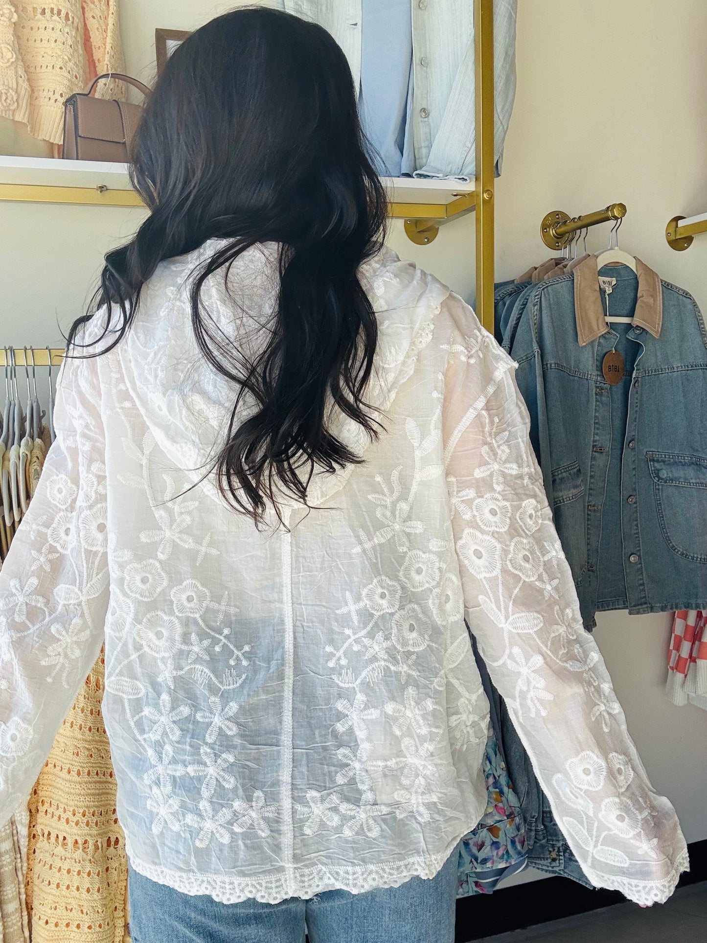 White Embroidered Trim Gauze Top