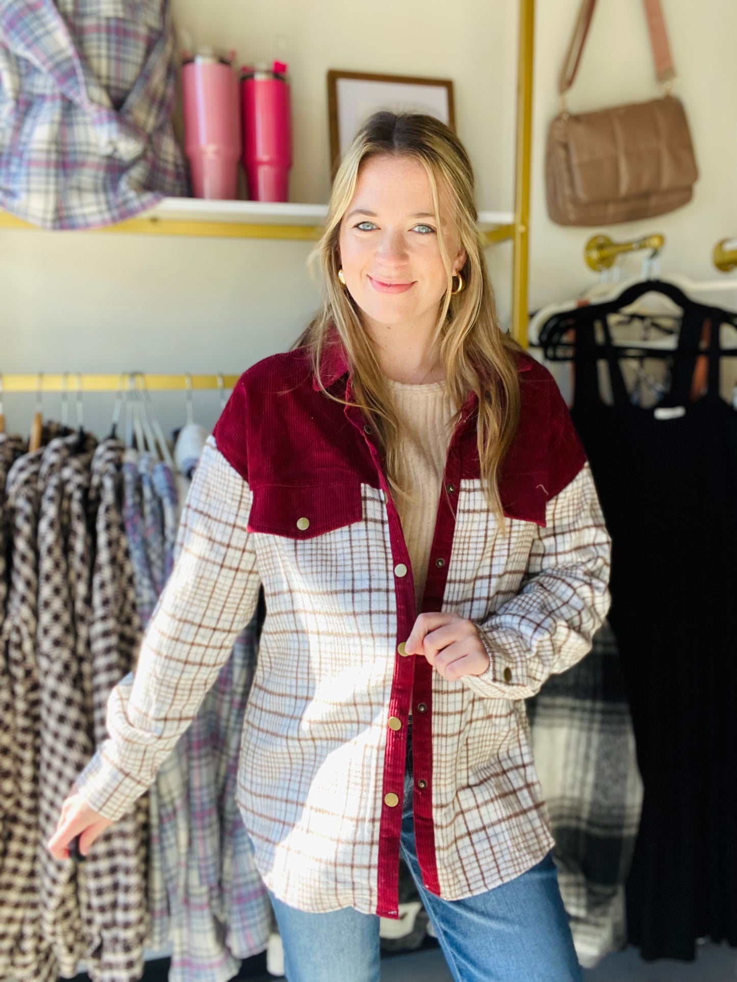 Burgundy Plaid Buttoned Shacket