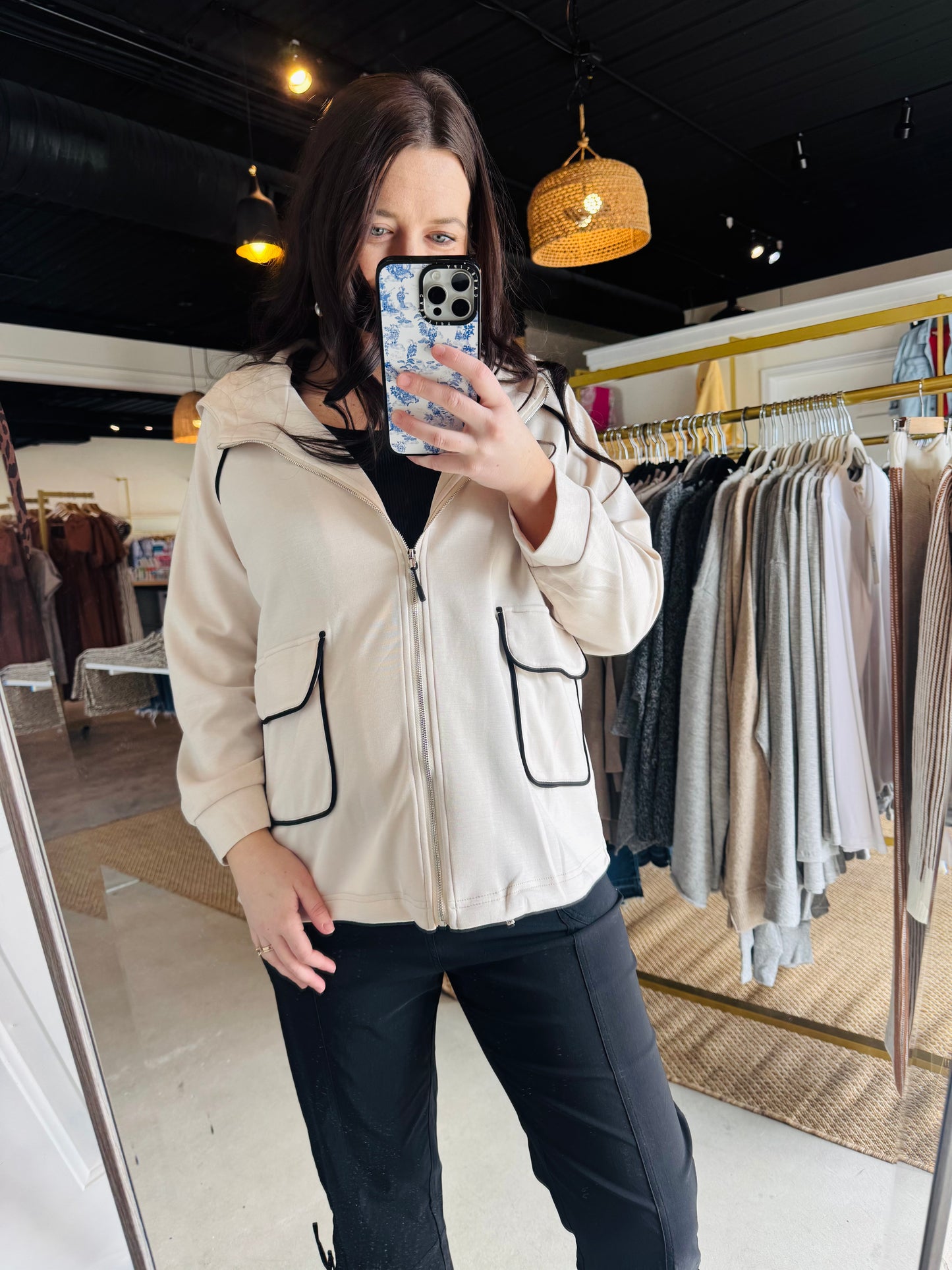 Oatmeal Contrast Piping Zip Up