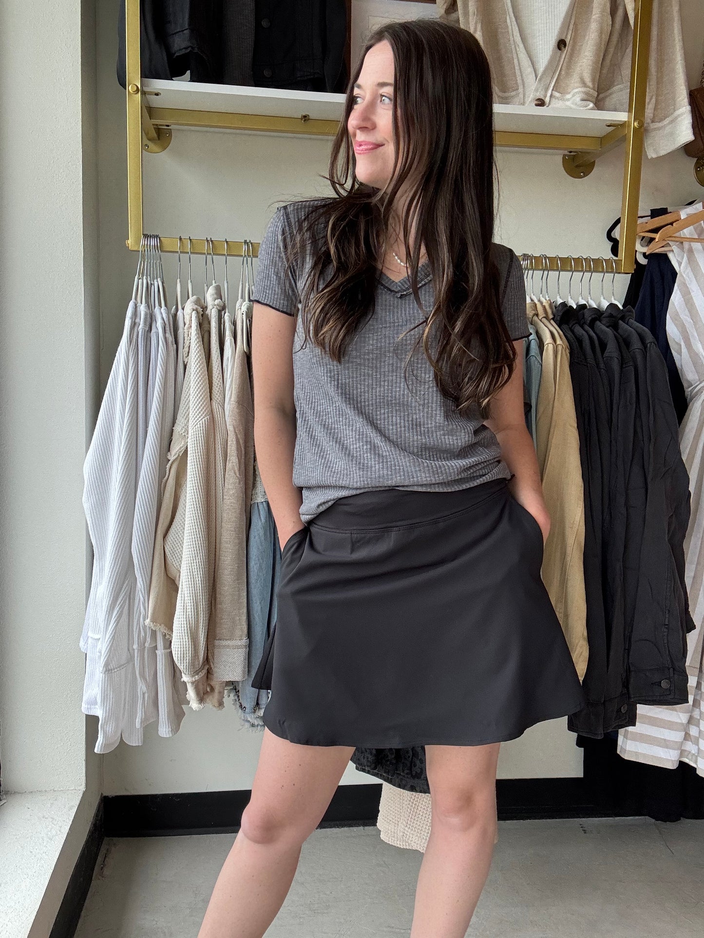 Black skirt with shorts underneath and pockets that is also perfect for summer temperatures and keeps you cool.