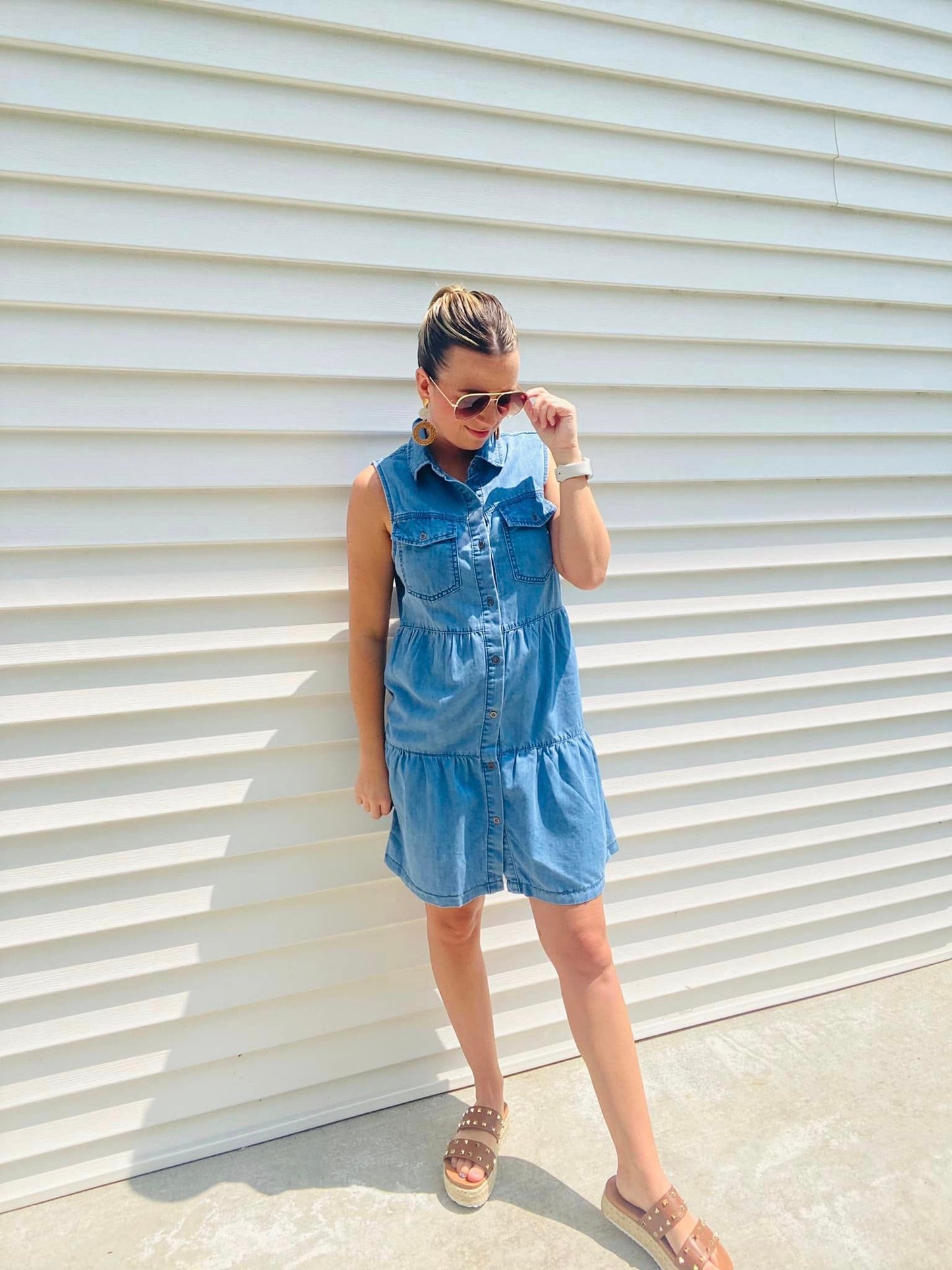 Denim Button Up Tiered Dress