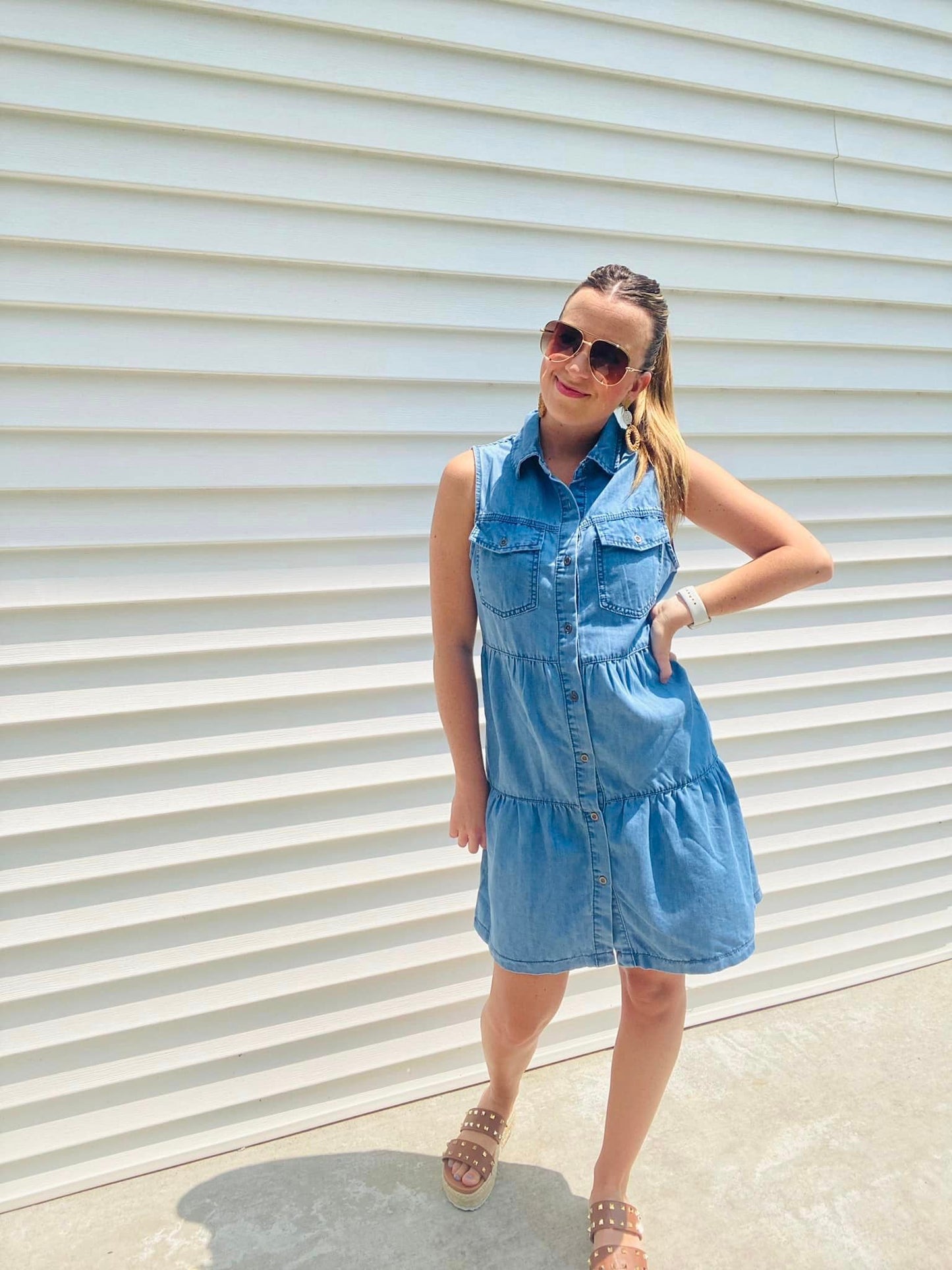 Denim Button Up Tiered Dress