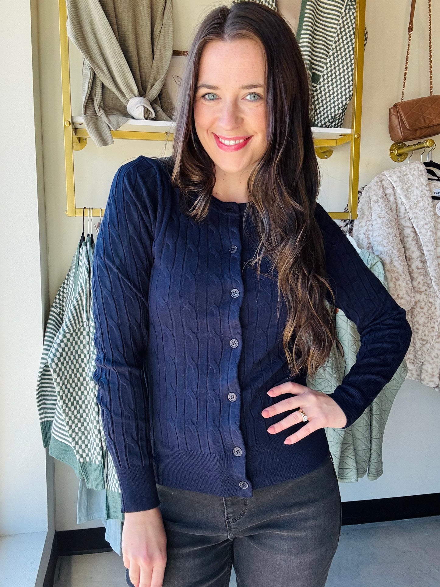 Navy Button Up Cable Knit Cardigan