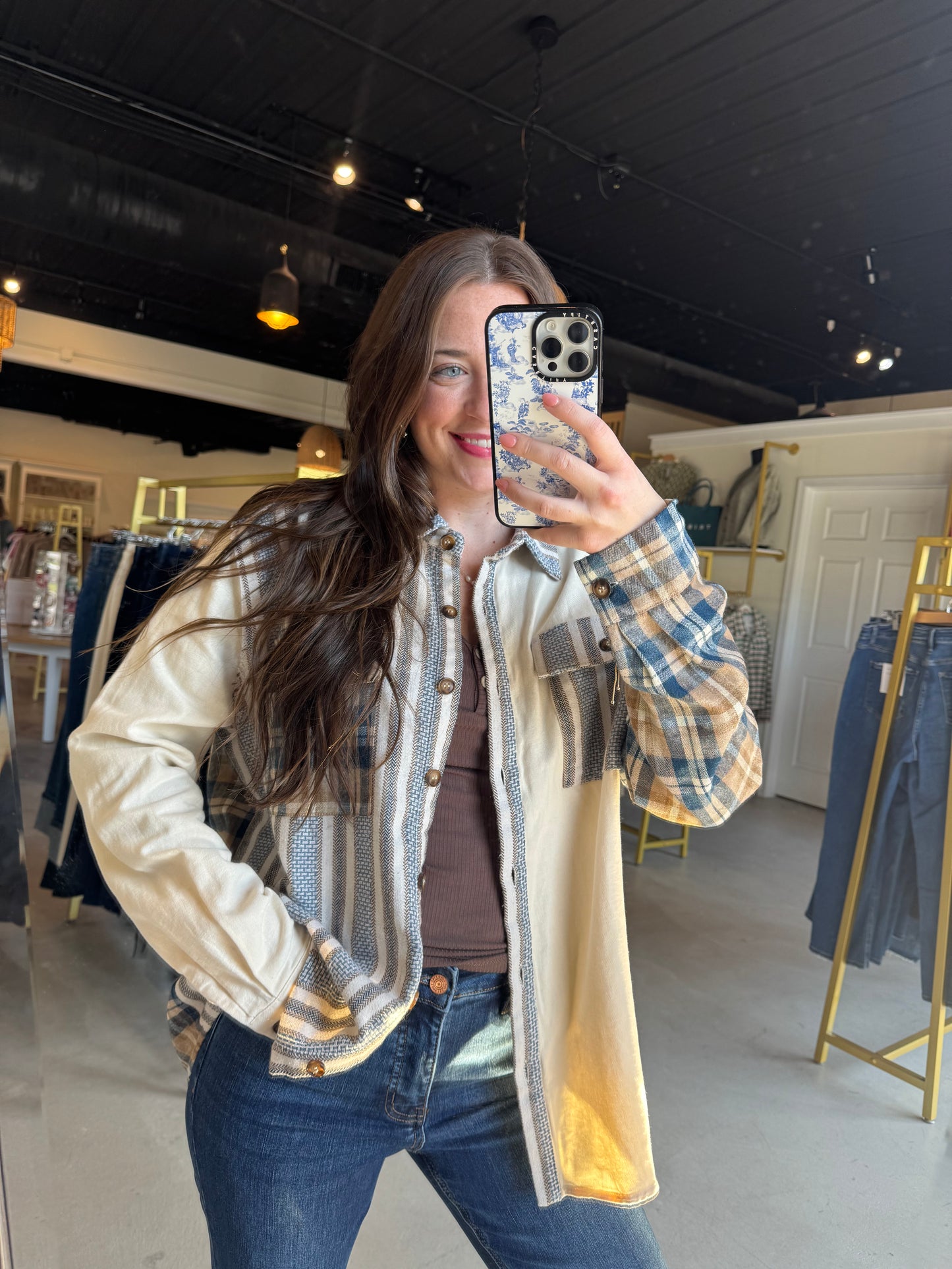 Cream Blue Plaid Button Up