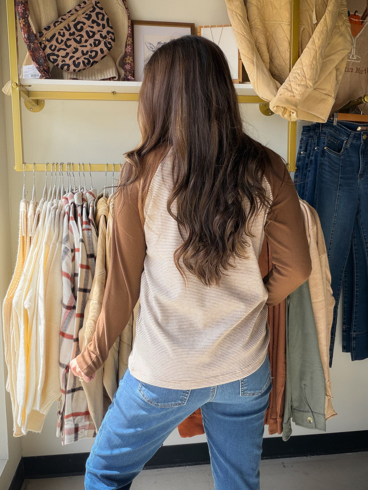 Brown Pinstripe Baseball Sleeve Sweater