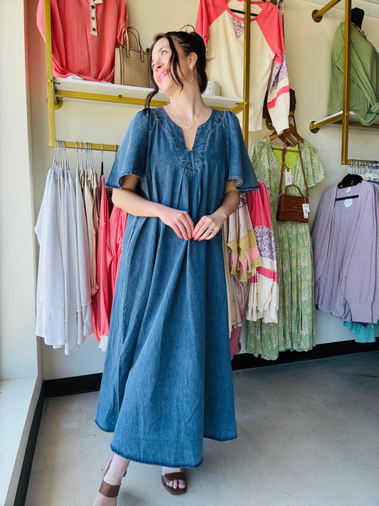 Dark Denim Wing Sleeve Dress