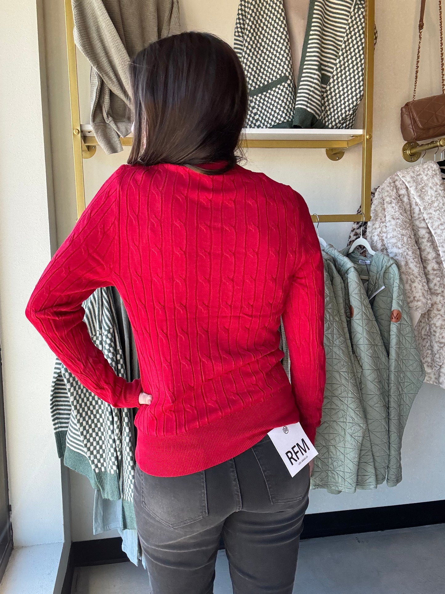 Red Button Up Cable Knit Cardigan