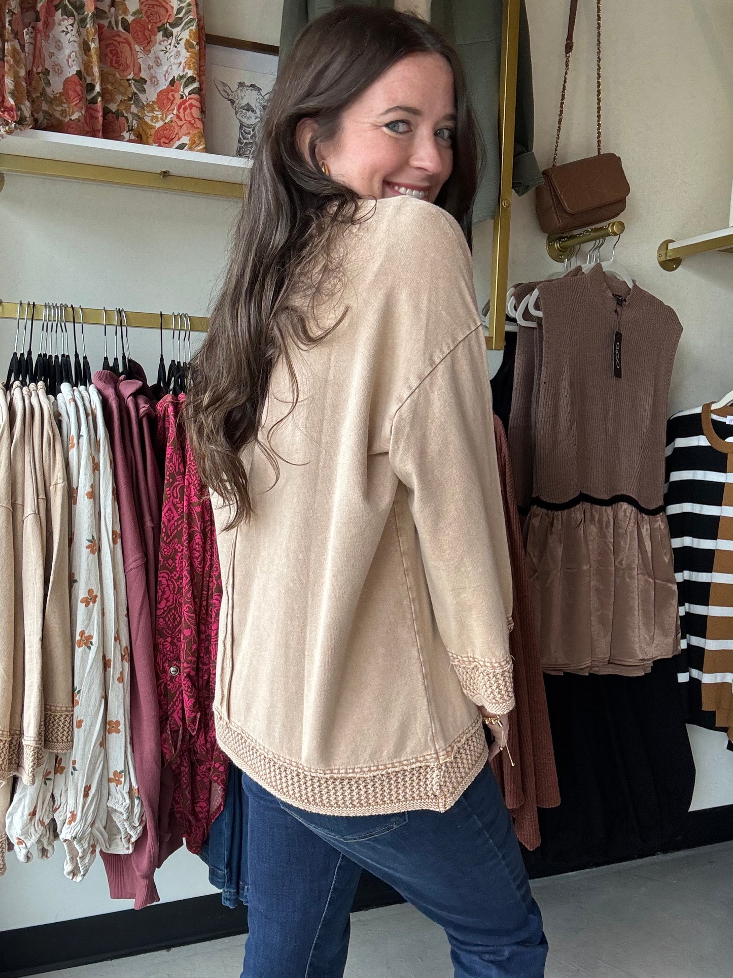 Mocha Knit Pocket Crewneck