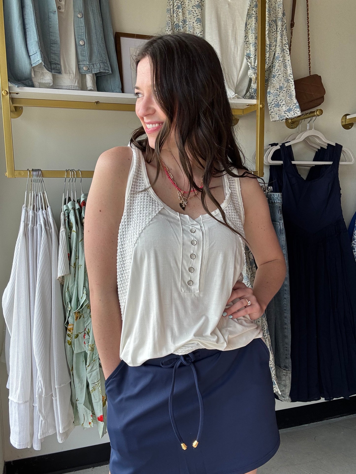 Off White Mesh Accent Tank